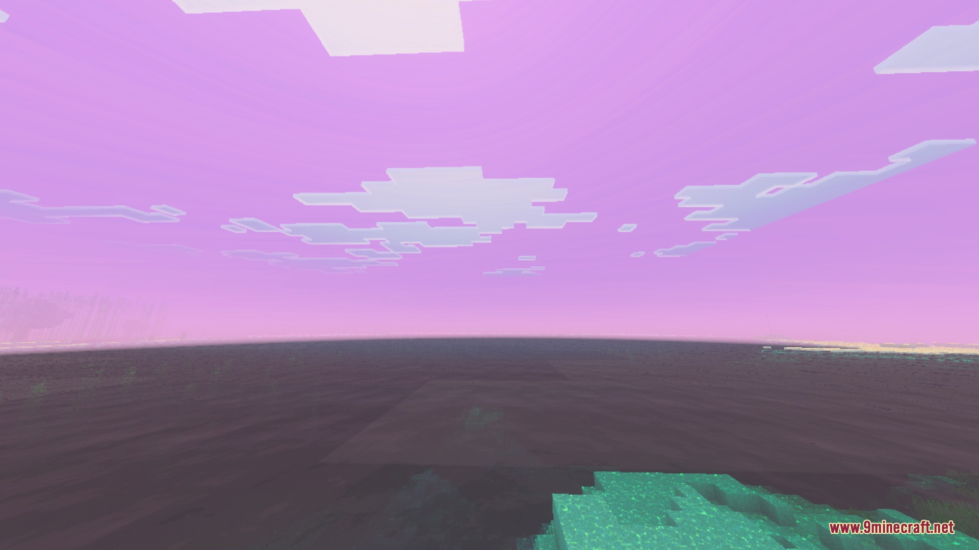 Veloria Visual Shader Screenshot 2 Wide ocean view under a dreamy pink sky with stylized white clouds