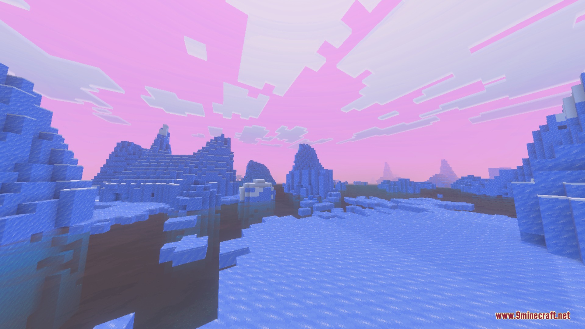 Veloria Visual Shader Screenshot 3 Blue ice spikes stand tall in a frozen landscape under pink clouds
