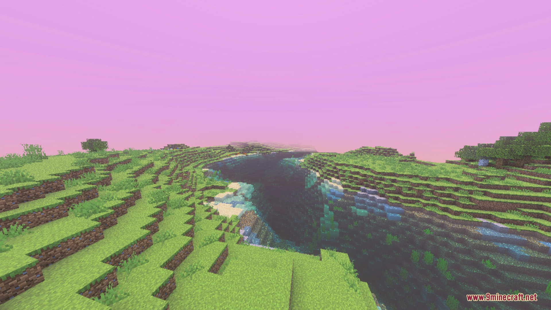 Veloria Visual Shader Screenshot 4 Lush green hills and a river flowing under a dreamy pink sky