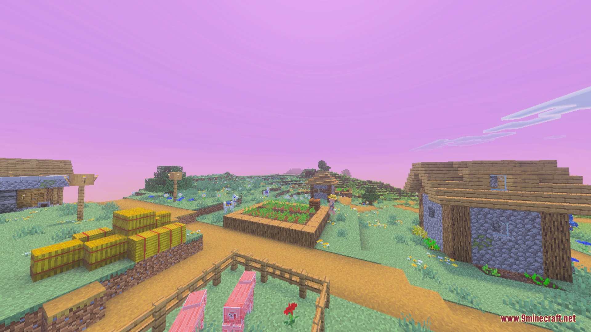 Veloria Visual Shader Screenshot 6 A peaceful Minecraft village under a dreamy pink and purple sunset sky