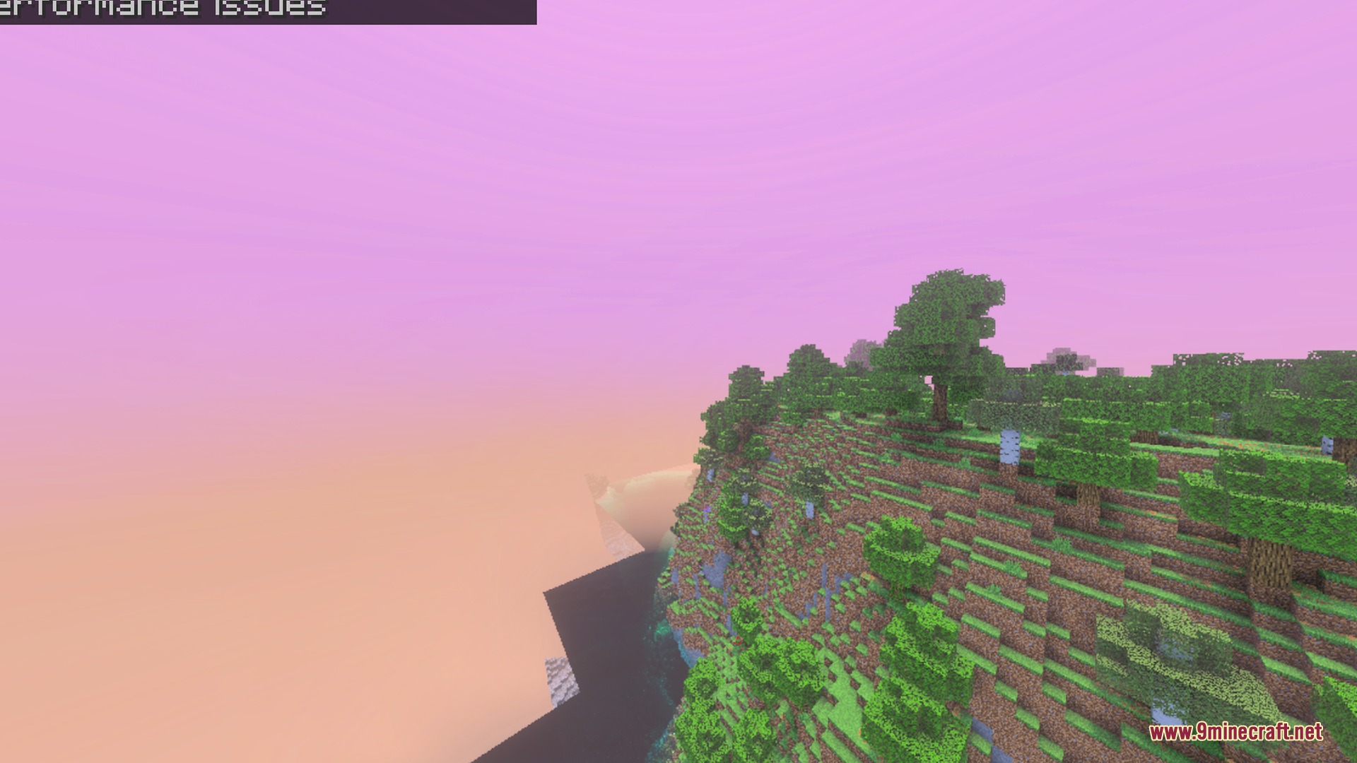 Veloria Visual Shader Screenshot 7 Lush green trees on a cliffside overlooking a misty pink horizon