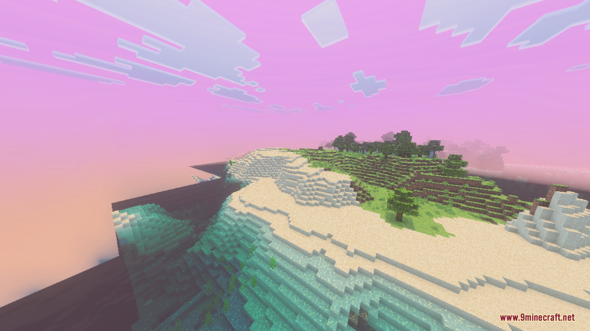 Veloria Visual Shader Screenshot 8 A bright sandy shoreline meeting the ocean under a dreamy pink sky