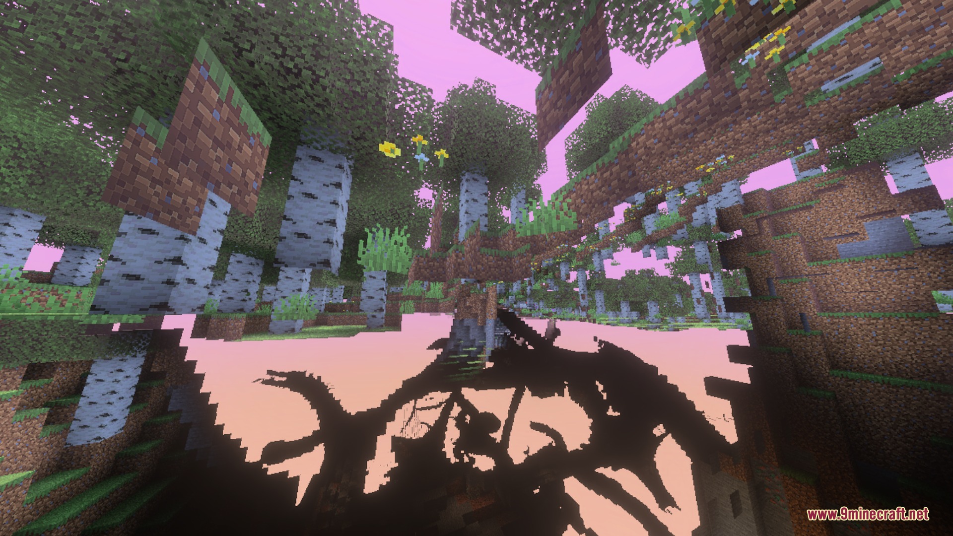 Veloria Visual Shader Screenshot 9 Surreal birch forest view with floating blocks under a magical pink sky