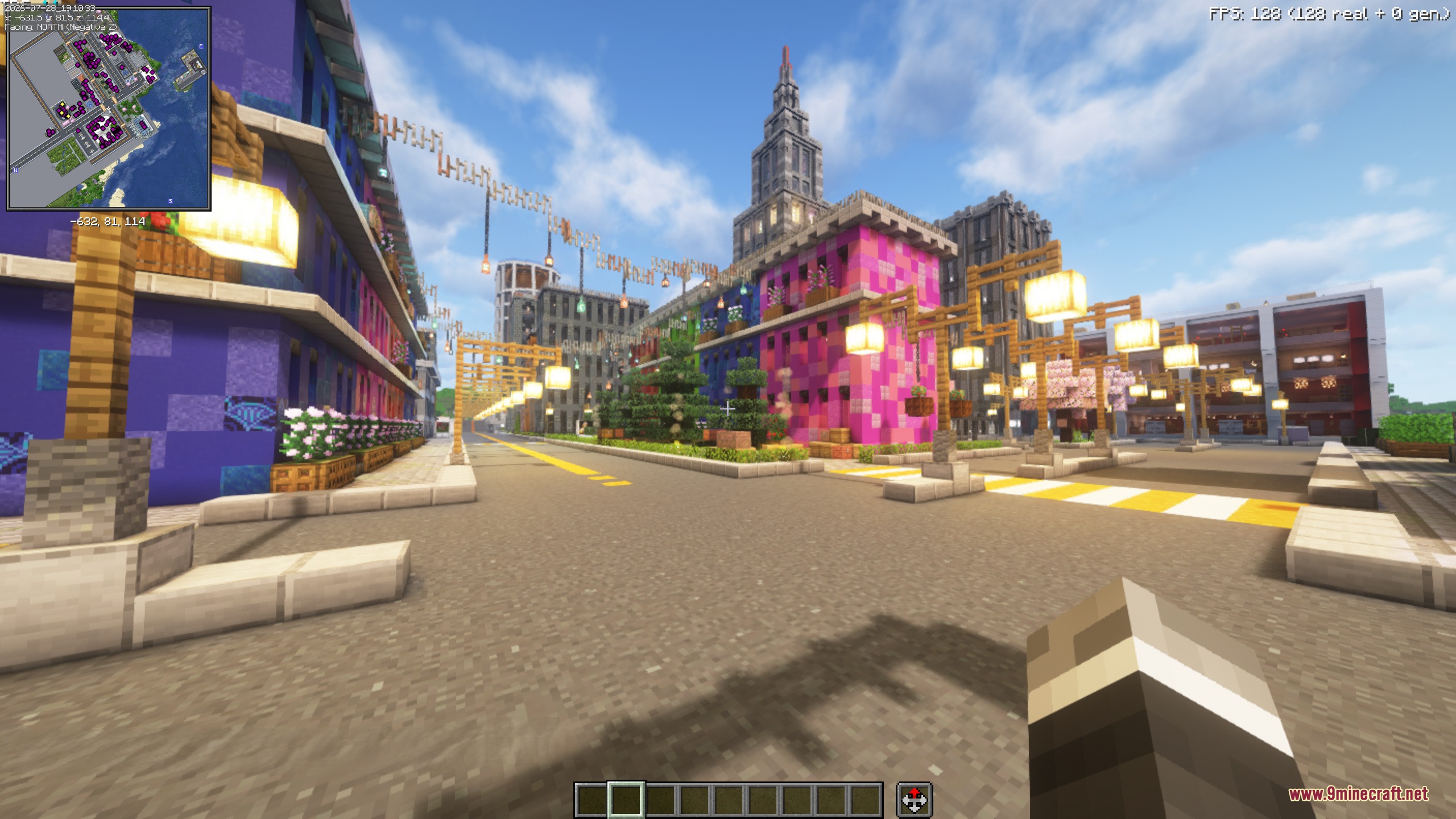 Velvet Frames Engine Mod Screenshot 3 Vibrant Minecraft city street with colorful buildings and glowing street lamps