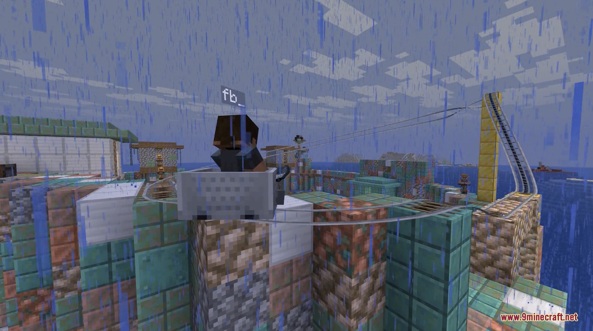 Riding a minecart on smooth curved tracks high above a village in rain