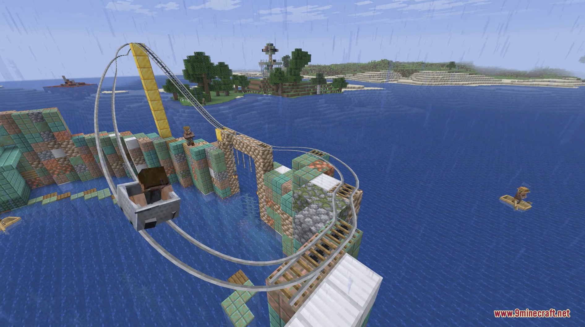 Player riding a minecart on smooth curved rails over the ocean during rain