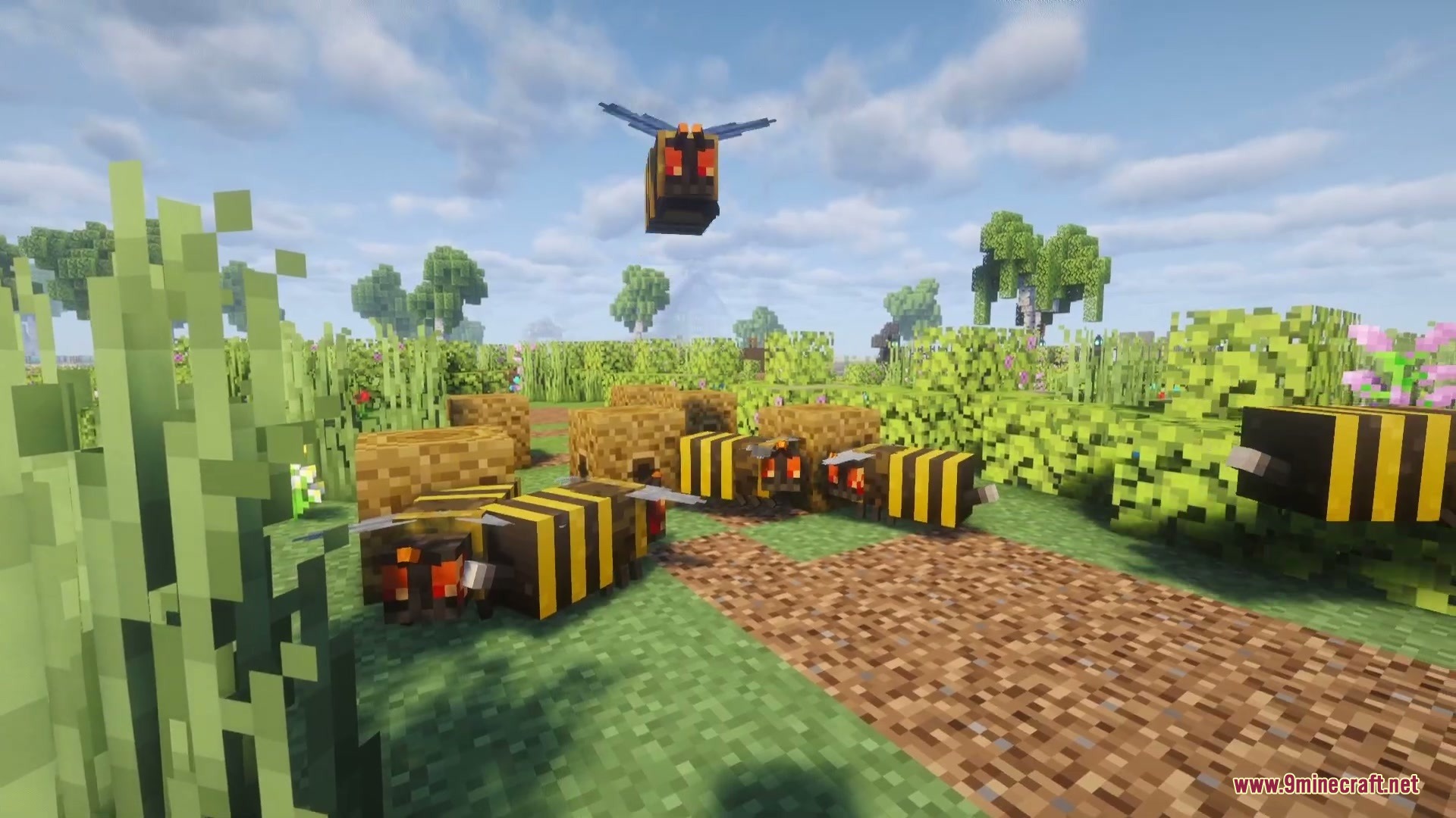 Vengeful Swarm High Focus Mod Screenshot 2 Aggressive bees with red eyes swarming around hives on a dirt path