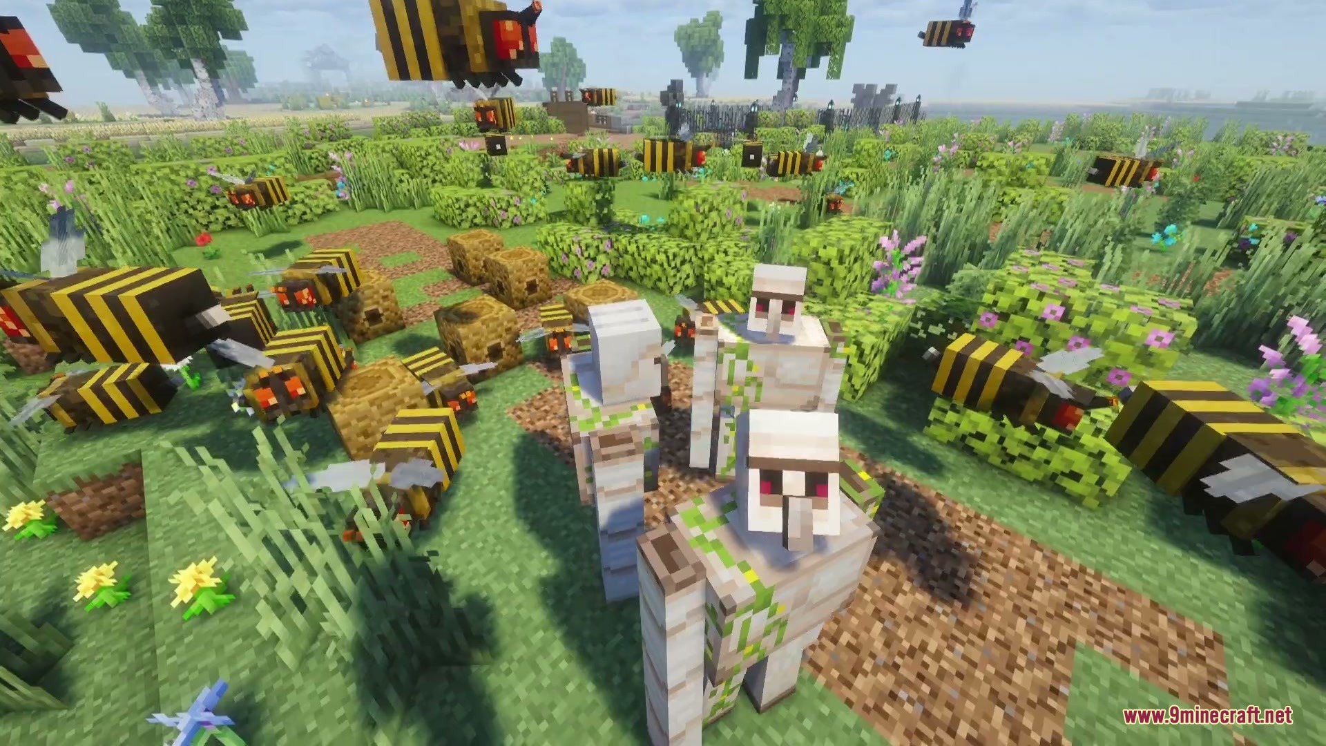Vengeful Swarm High Focus Mod Screenshot 4 A swarm of aggressive bees surrounds three iron golems in a grassy field