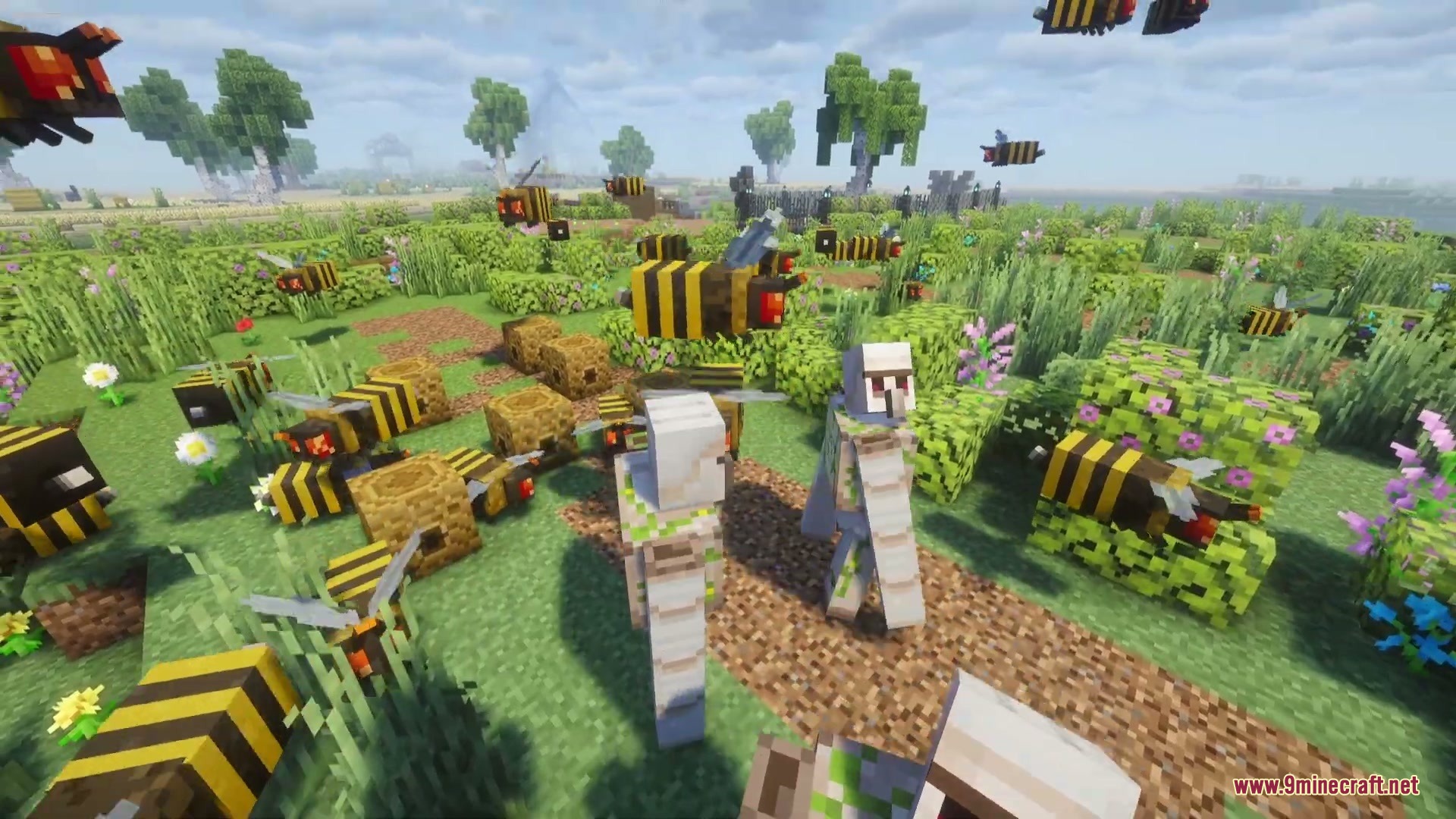 Vengeful Swarm High Focus Mod Screenshot 5 Aggressive killer bees with red eyes swarm around Iron Golems near hives