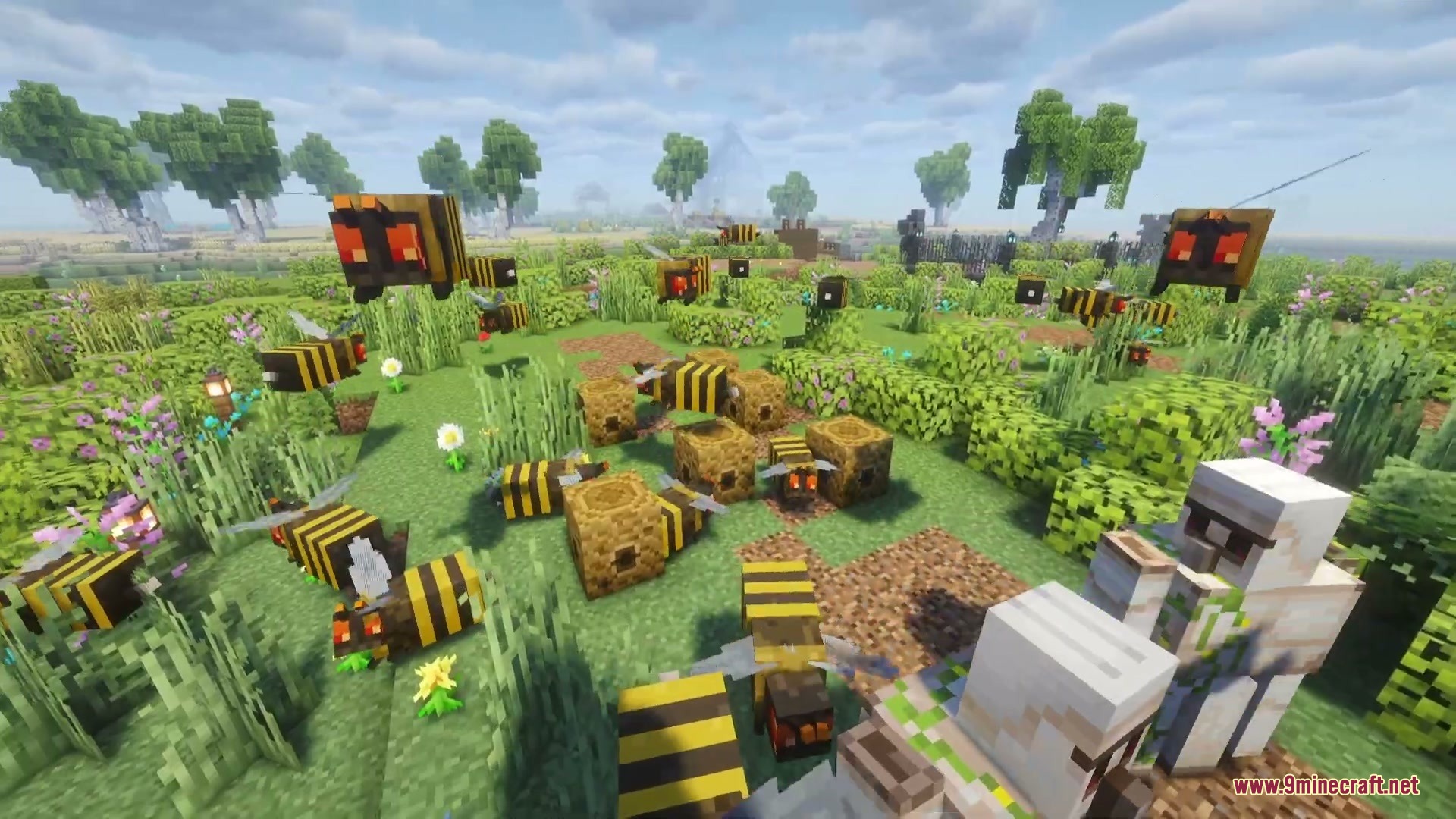 Vengeful Swarm High Focus Mod Screenshot 6 A large pack of hostile bees surrounds Iron Golems in a field