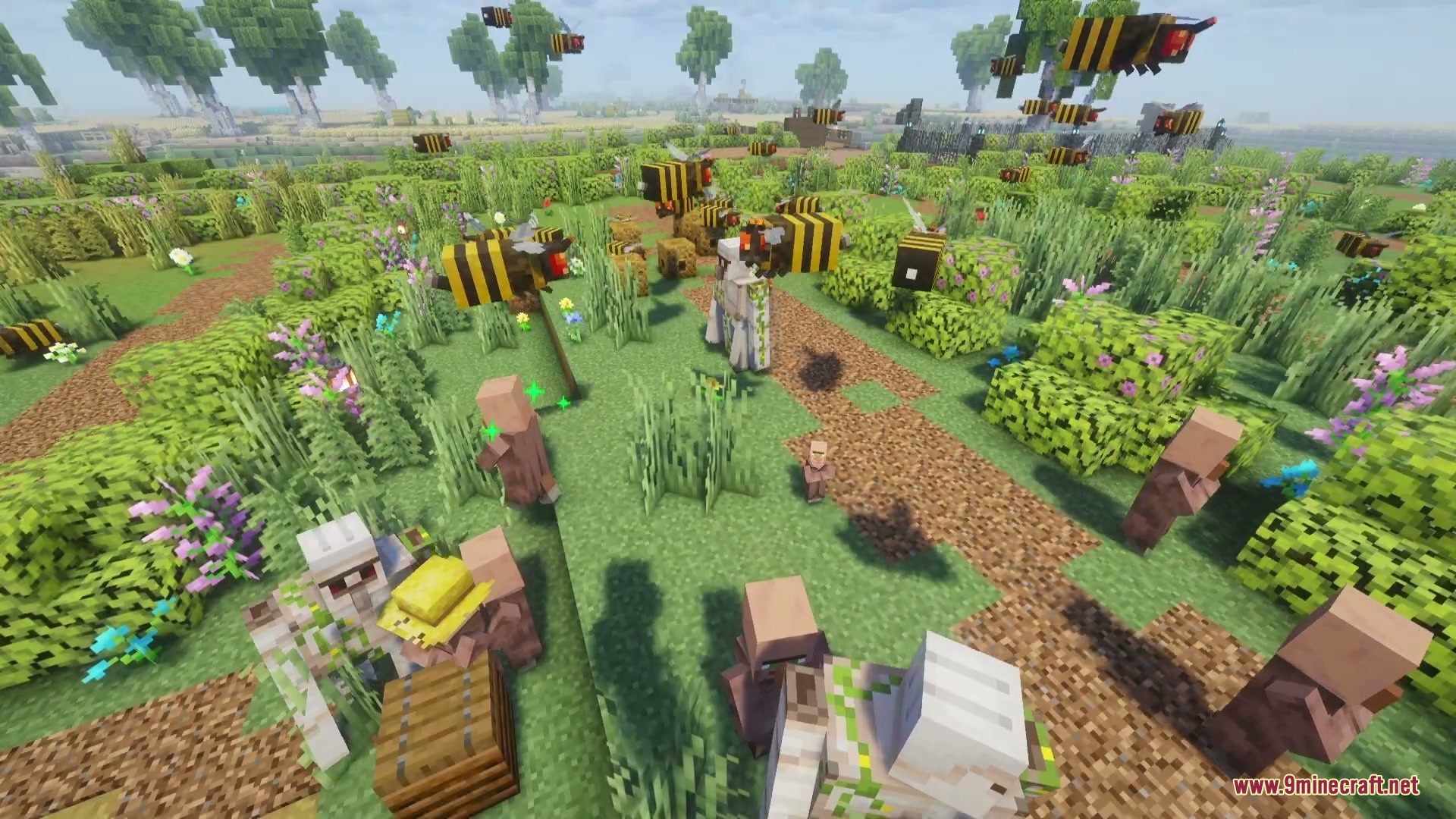 Vengeful Swarm High Focus Mod Screenshot 7 Killer bees swarming around villagers and iron golems in a flowery field