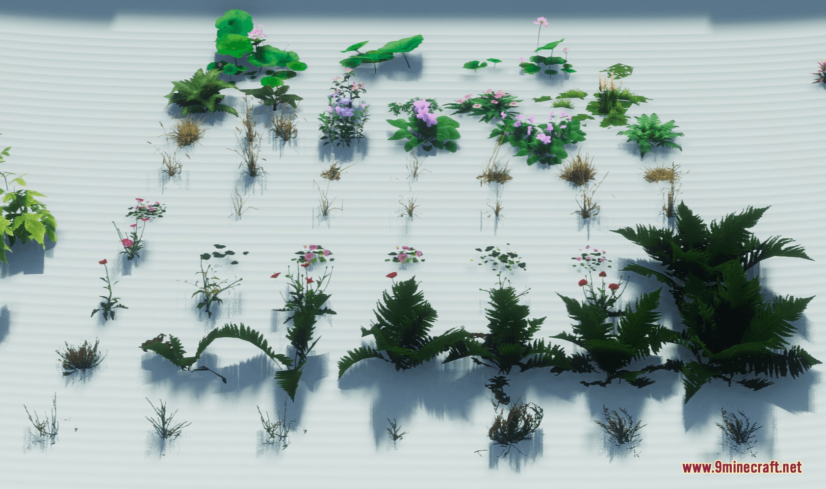 Detailed ferns and aquatic plants arranged for display in a Minecraft world