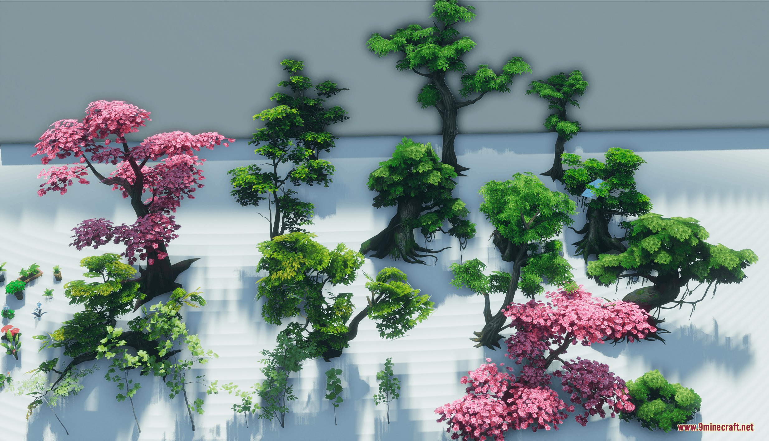 Showcase of realistic cherry blossom trees and leafy green trees for landscaping