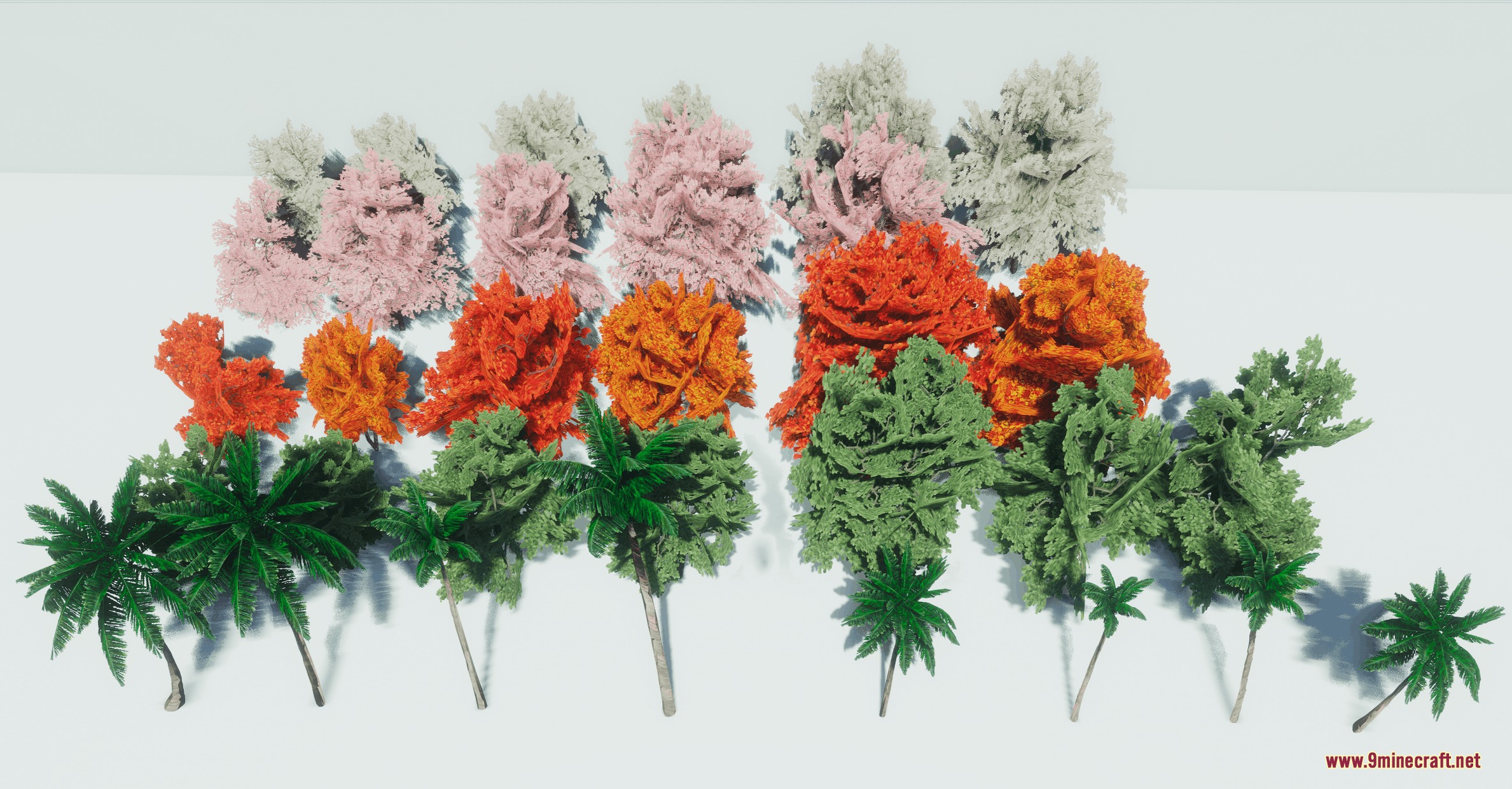 Various colorful realistic trees and palm trees for detailed nature scenery builds