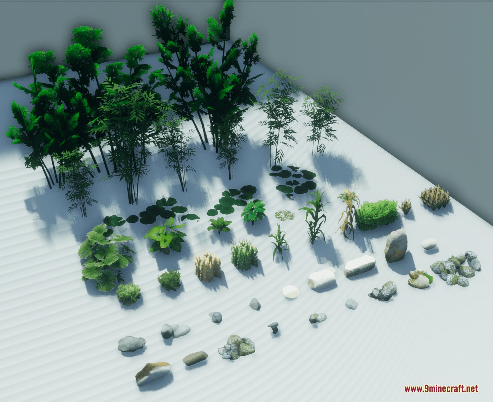 A collection of realistic botanical decorations and rocks for detailed nature builds