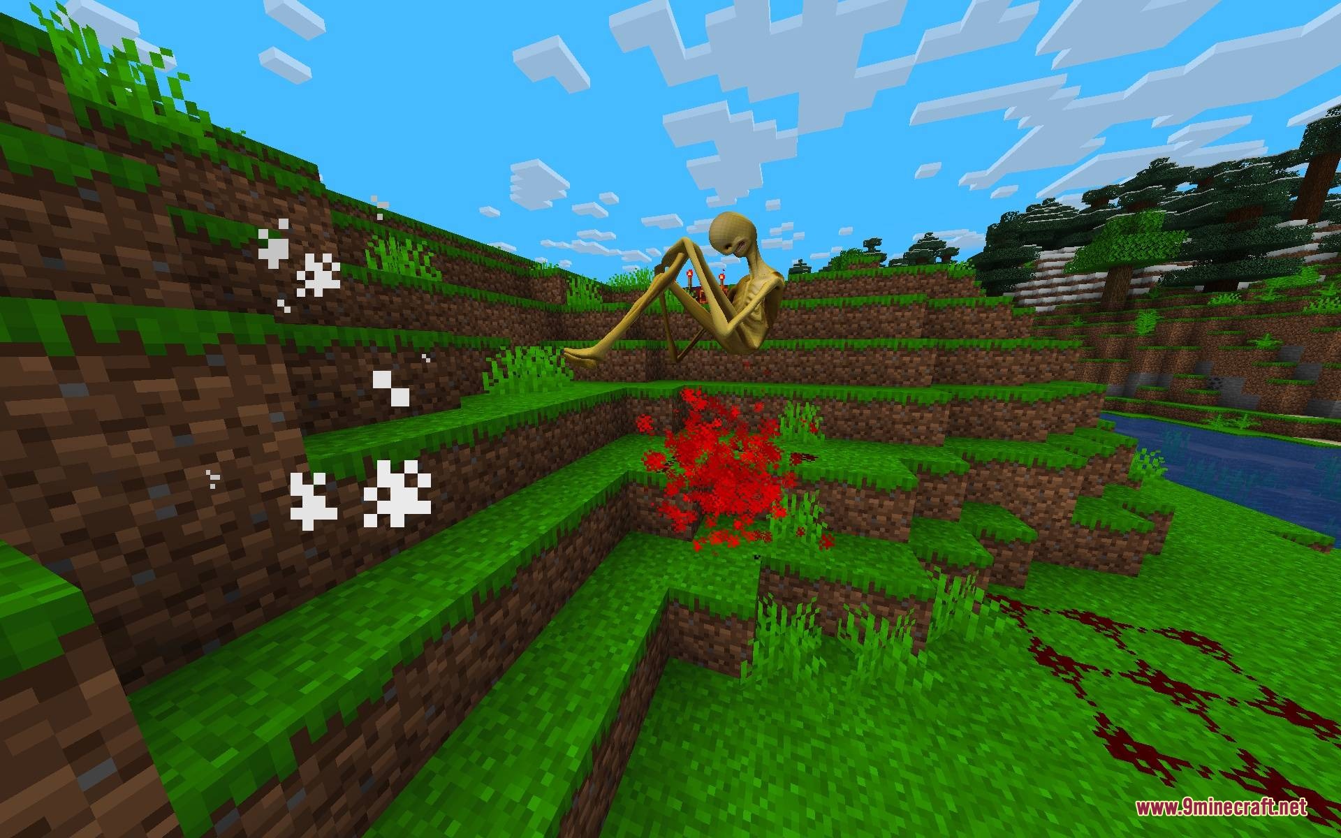 Verity Better Body & Animations Mod Screenshot 4 The Verity Demon crouches on a grassy hill surrounded by red particles