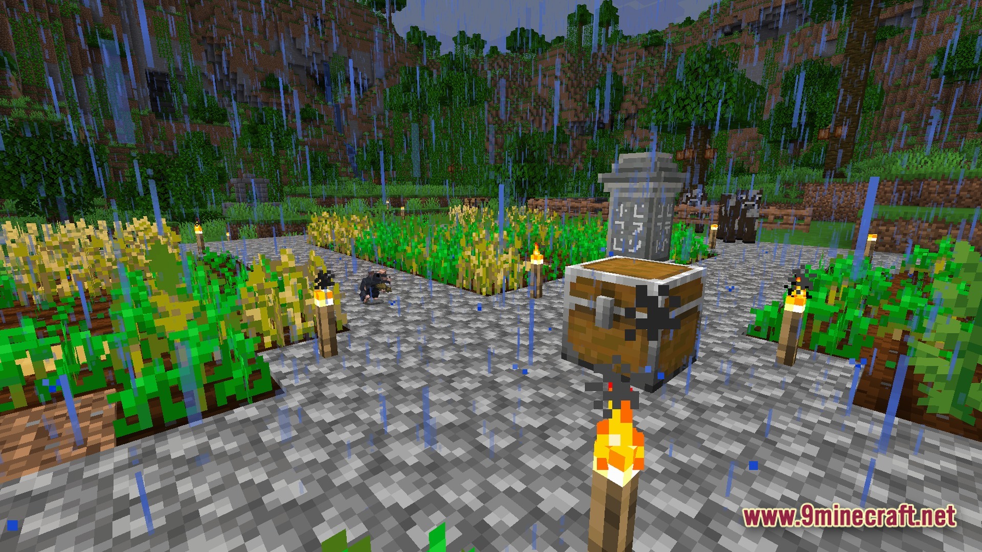 Verminous Kinetic Depths Modpack Screenshot 1 A rat harvests crops in a rainy jungle farm featuring a stone waystone and storage chest