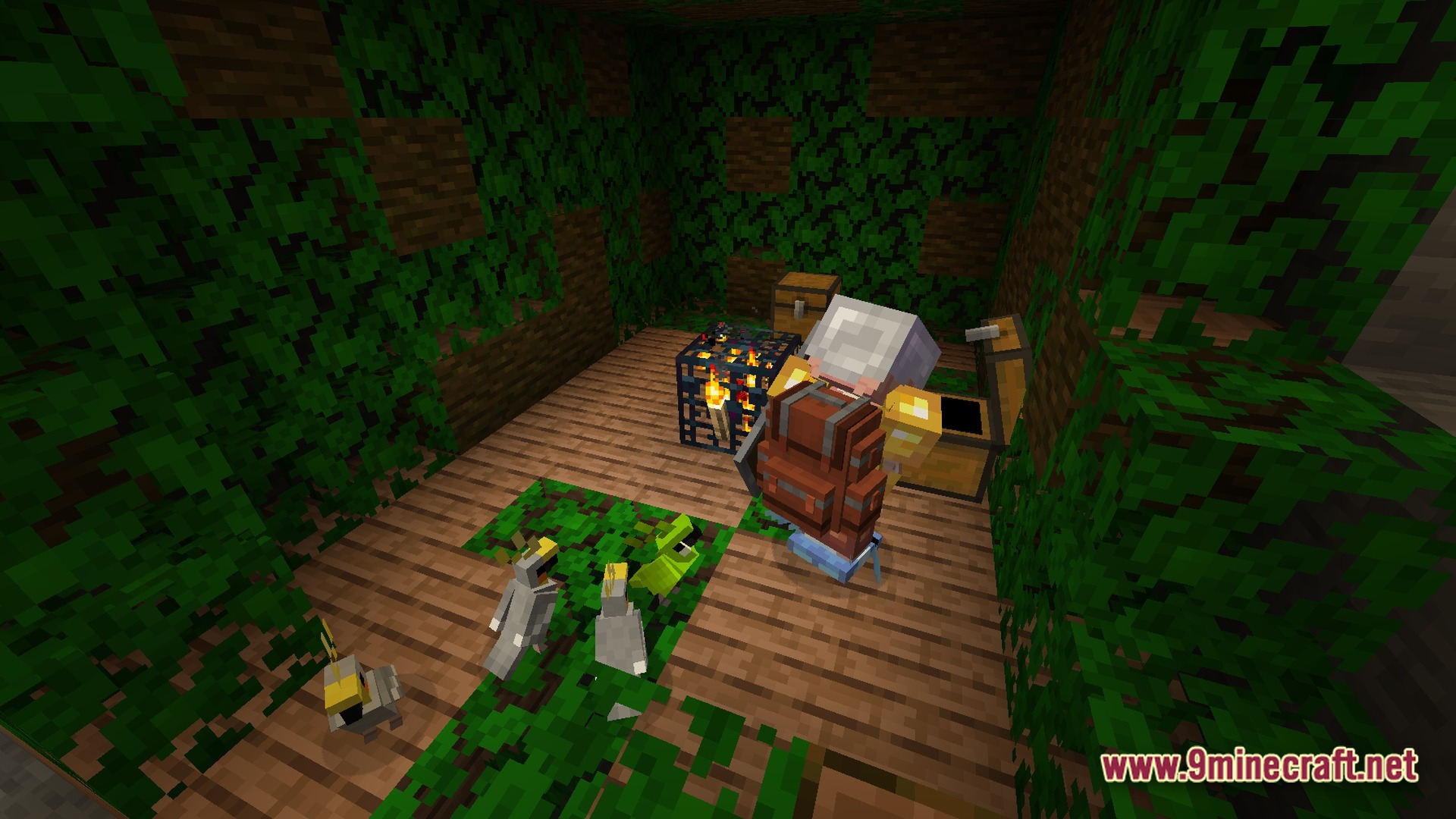 Verminous Kinetic Depths Modpack Screenshot 3 A player with a backpack explores a jungle-themed dungeon room containing parrots and a monster spawner