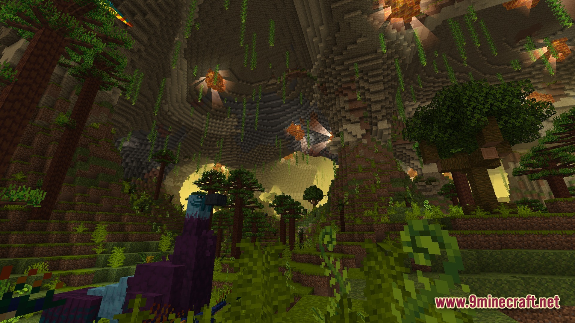 Verminous Kinetic Depths Modpack Screenshot 4 A large underground cavern featuring a lush jungle biome with trees, vines, and custom bird mobs