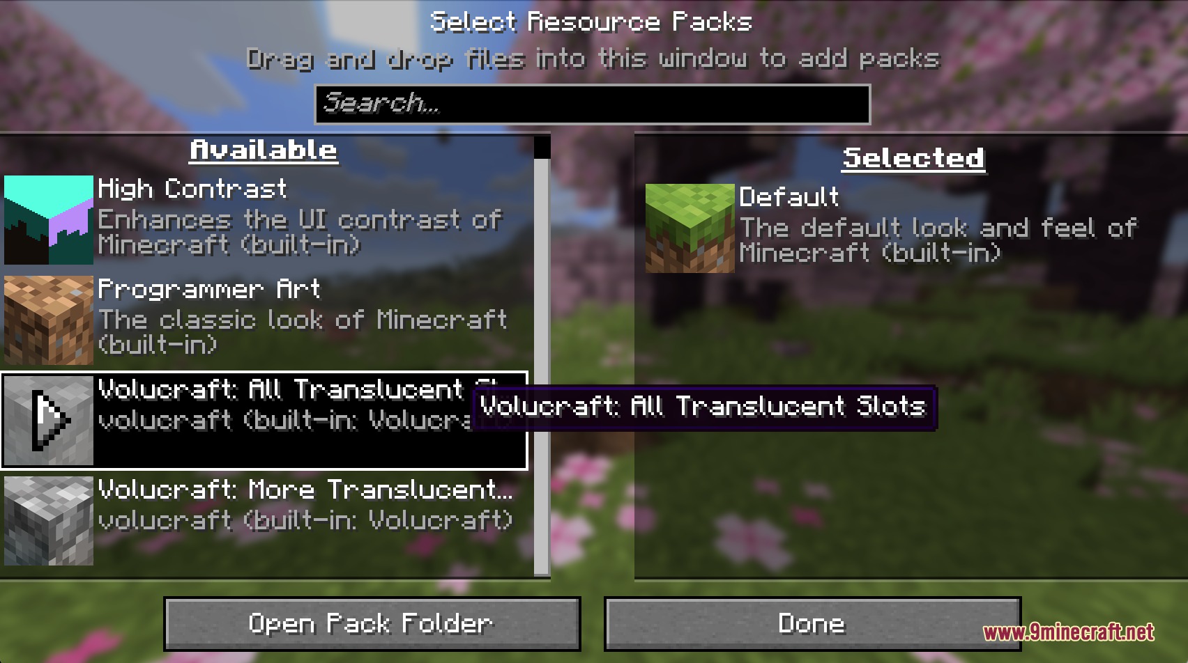 Vertex Forge Crafting Mod Screenshot 4 Resource pack selection screen showing translucent slot options for the crafting interface