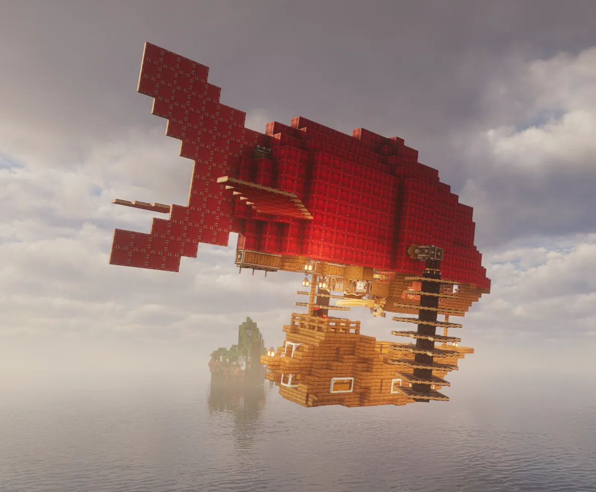 Very Fast Small Airship Steam Schematic Screenshots 2 A small red and wooden steam airship flying over the ocean in Minecraft