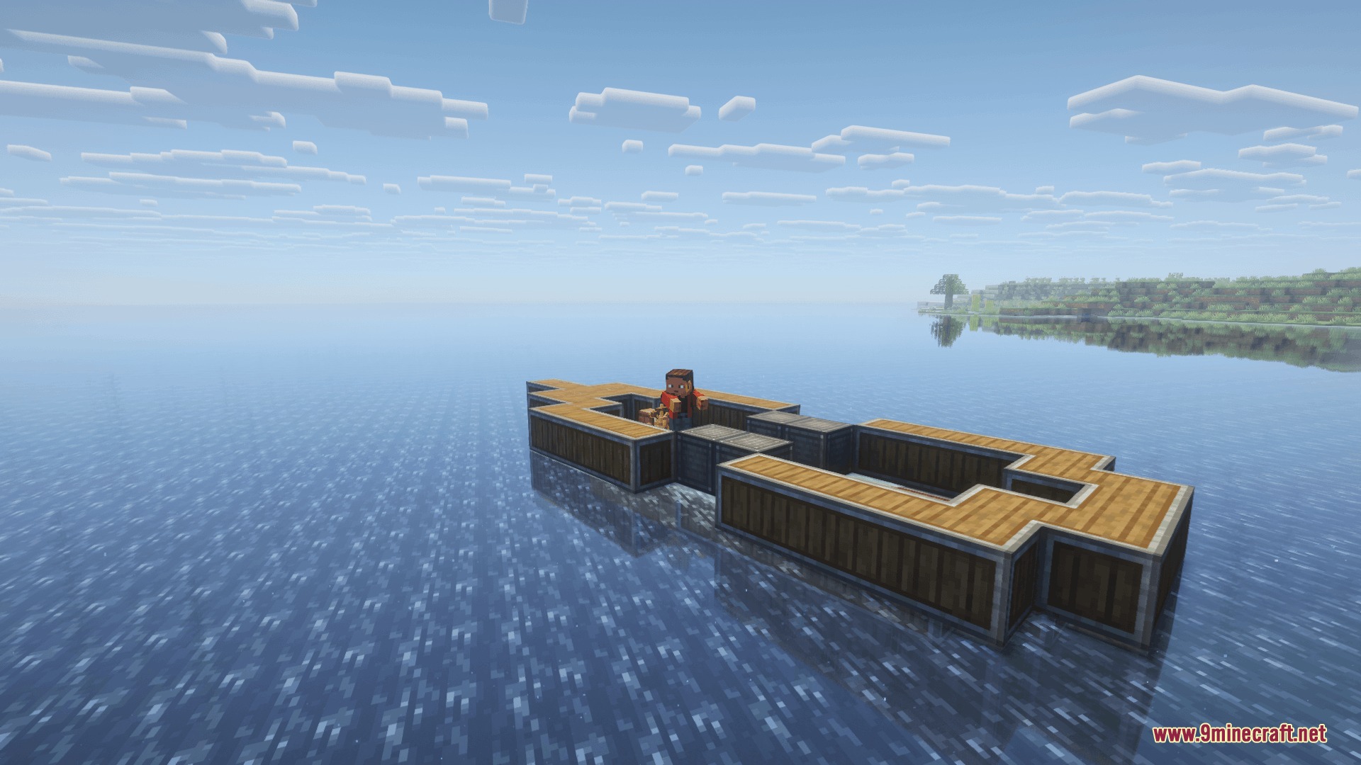 Vessel Kinetic Mod Screenshot 1 A player stands on a custom wooden boat structure floating on the water