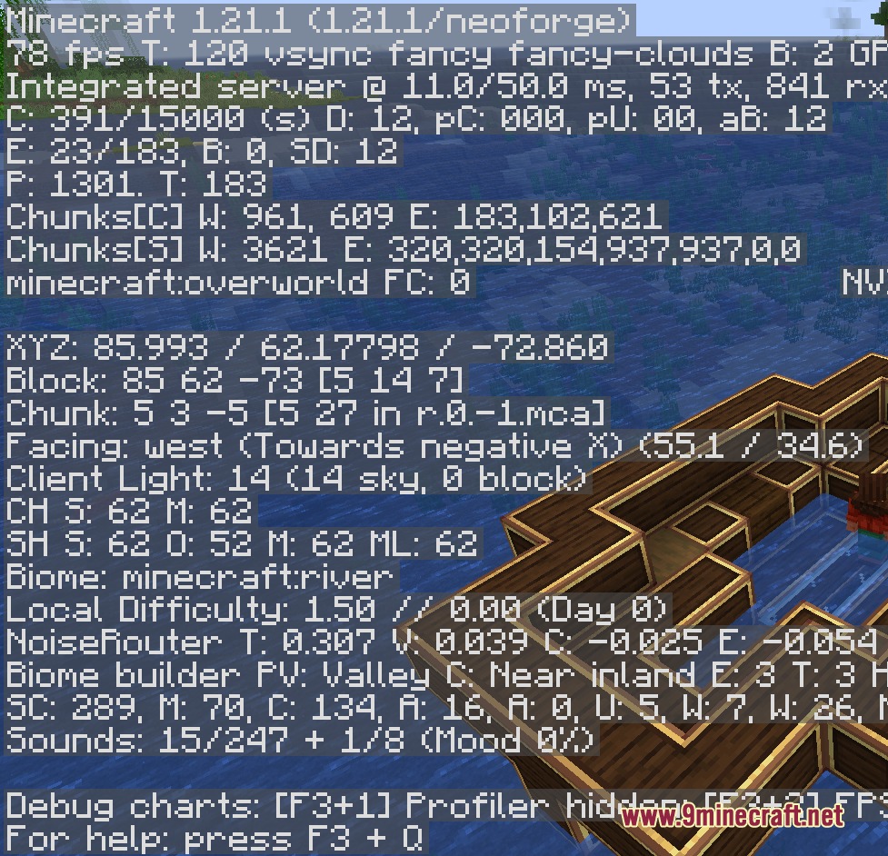Vessel Kinetic Mod Screenshot 4 Detailed view of a wooden boat structure with debug screen overlay