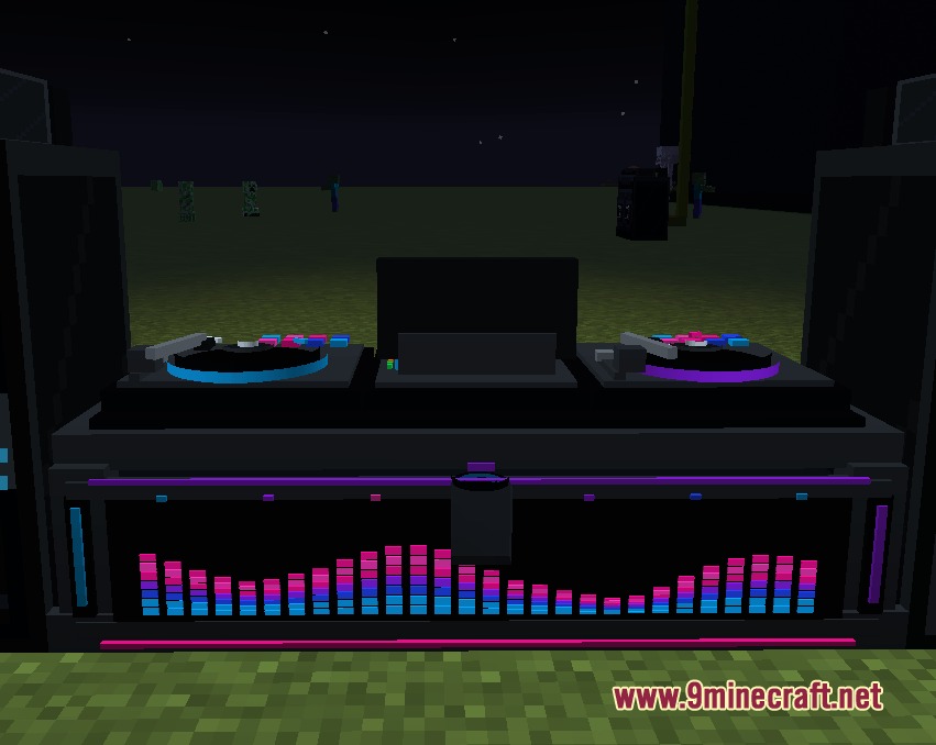 Vibe Wire Audio Mod Screenshot 1 A DJ Controller booth with animated turntables and colorful equalizer bars