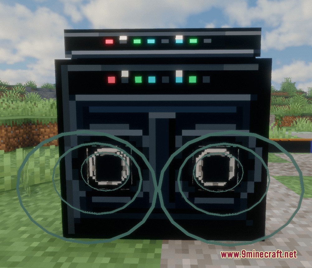 Vibe Wire Audio Mod Screenshot 3 A large black speaker block with colorful lights and pulsing speaker cones