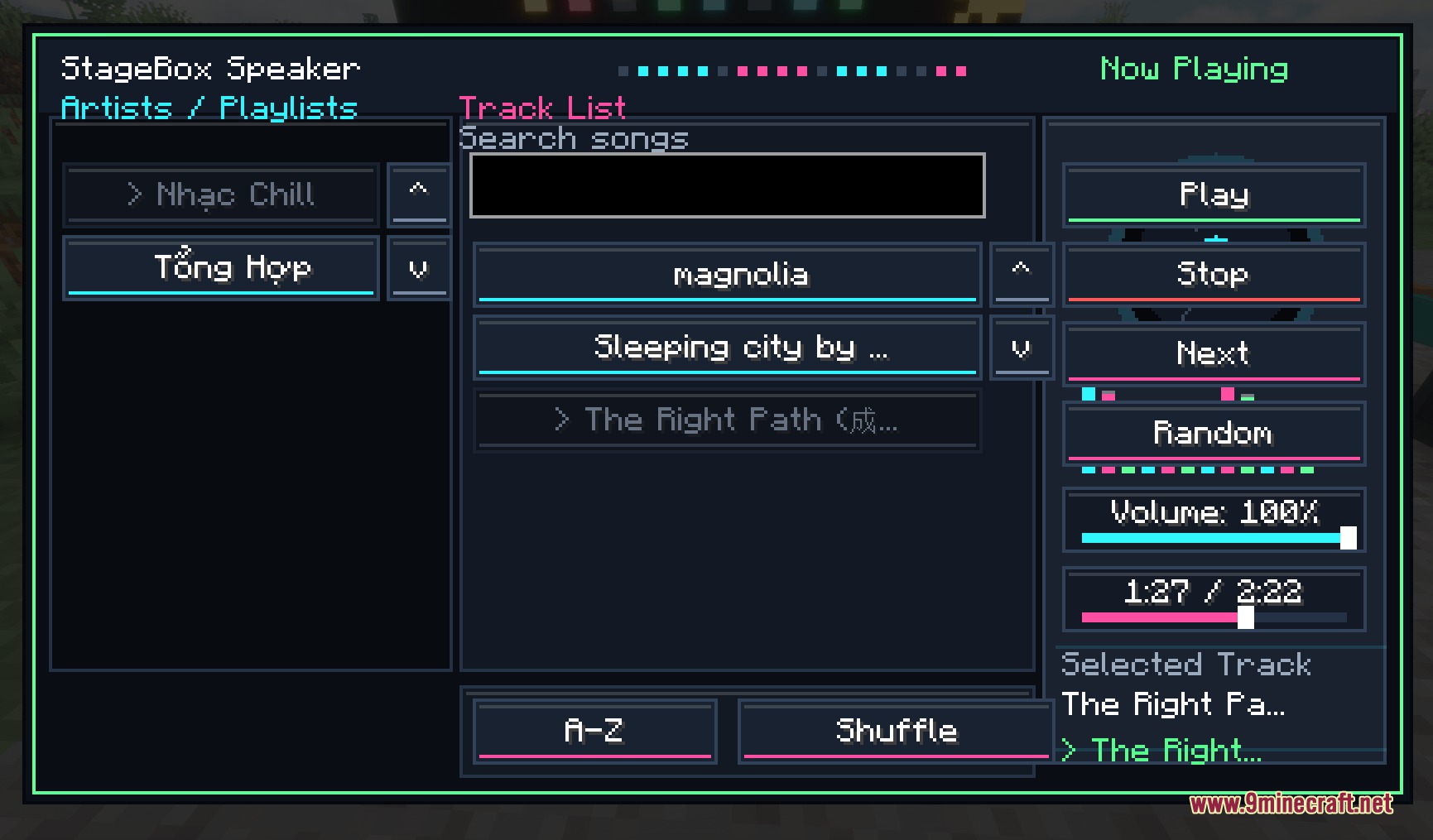 Vibe Wire Audio Mod Screenshot 4 The DJ Controller interface showing music playlists and playback controls in Minecraft