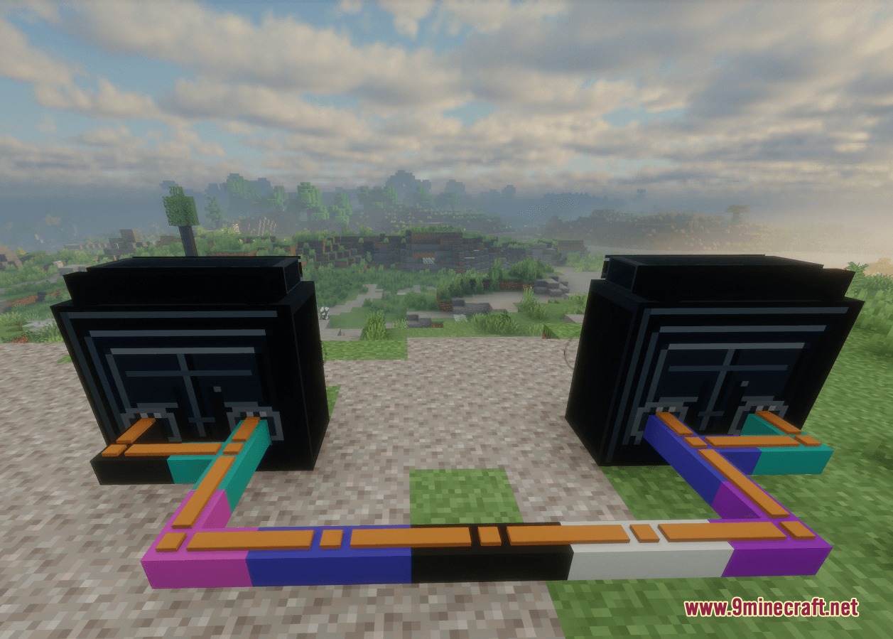 Vibe Wire Audio Mod Screenshot 5 Colorful wires connecting two large black speaker blocks in a Minecraft field
