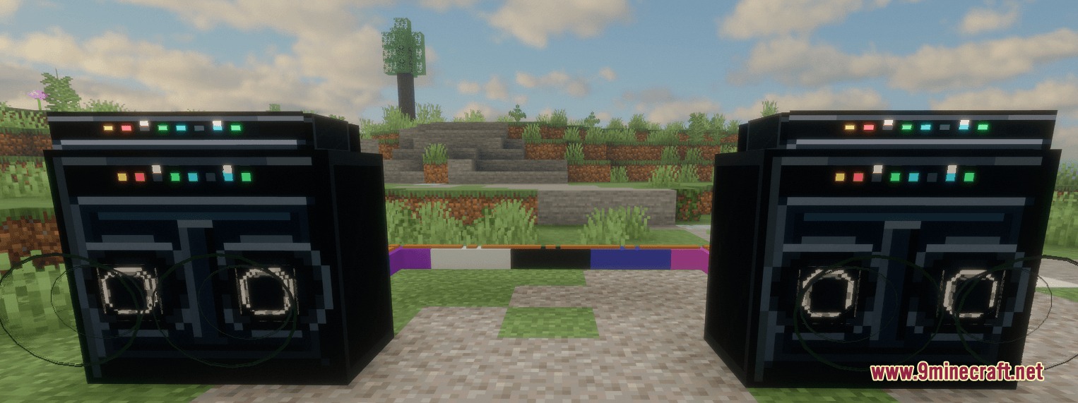 Vibe Wire Audio Mod Screenshot 6 Front view of two large black speakers with glowing lights in Minecraft