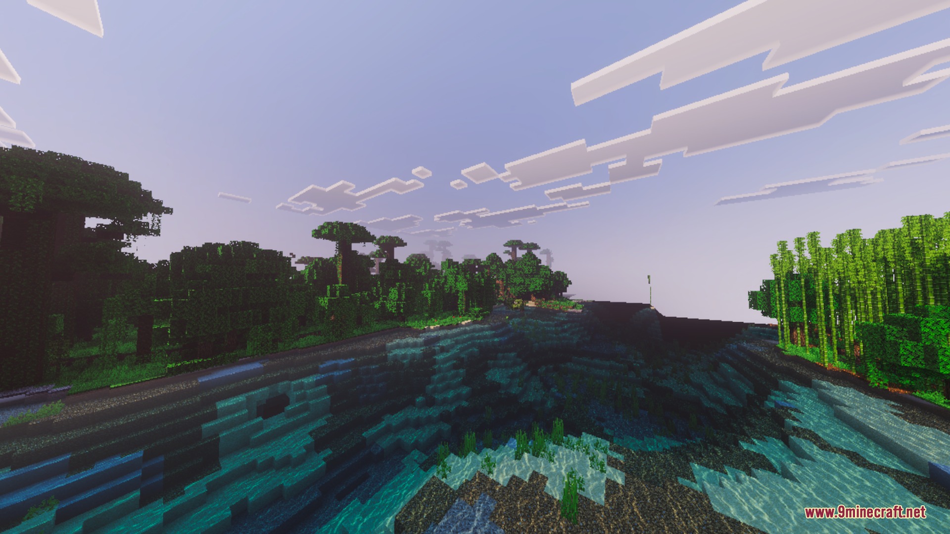 Lush jungle trees and bamboo beside a river with realistic water caustics and fog