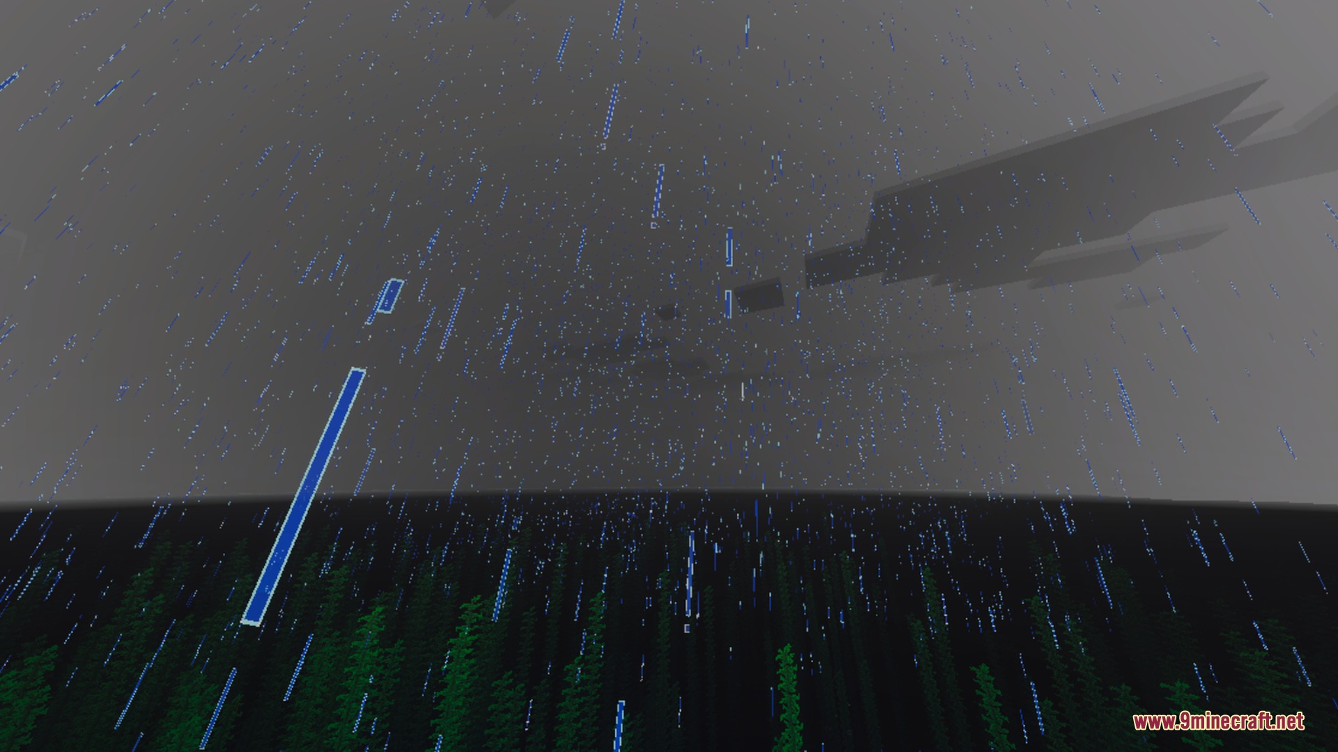 Blue rain streaks falling from a dark sky over a dense forest area