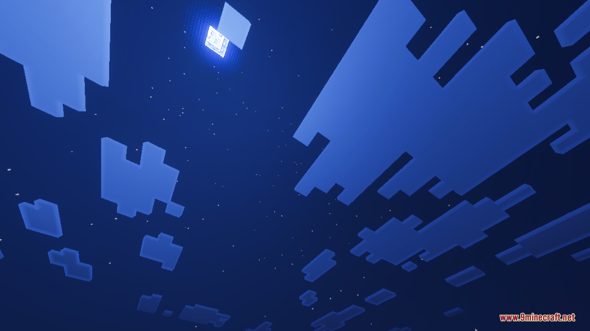 The square moon shines in a deep blue night sky with blocky clouds