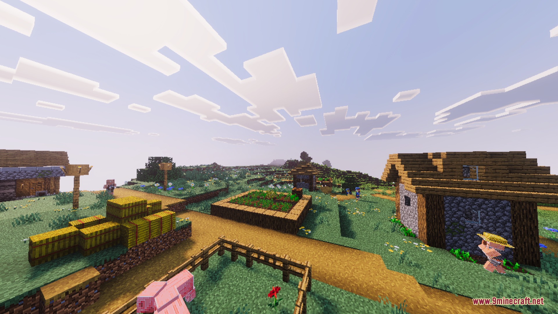 A peaceful Minecraft village with hay bales and warm cinematic lighting effects