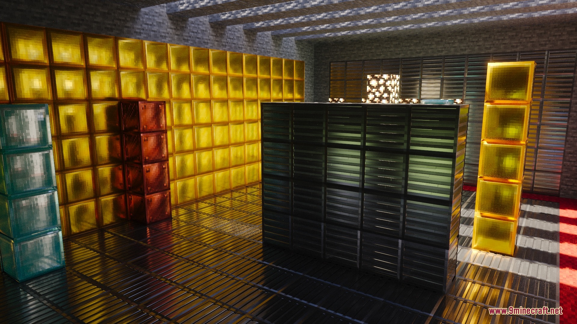 A room featuring glowing yellow blocks and highly reflective metallic floor textures