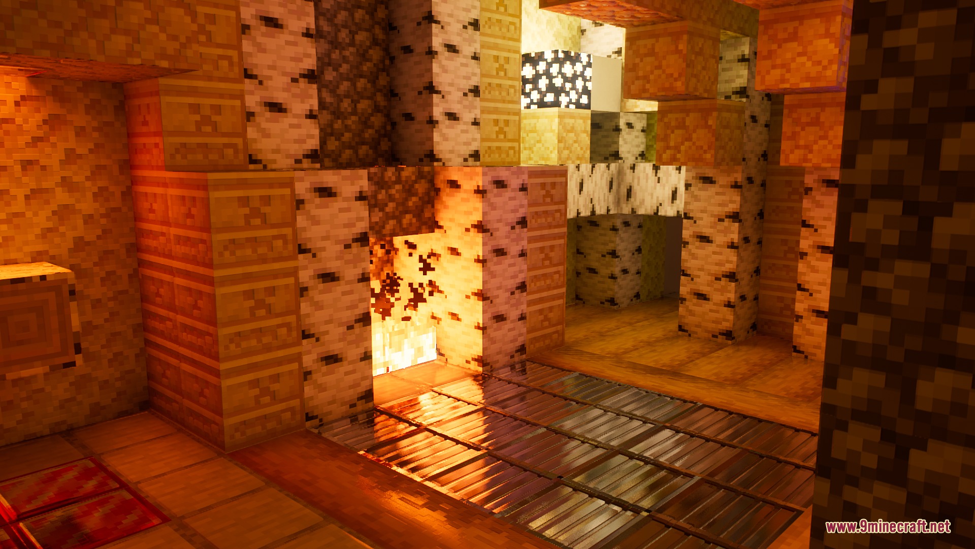 Warm interior scene with birch wood blocks and detailed light reflections on floor