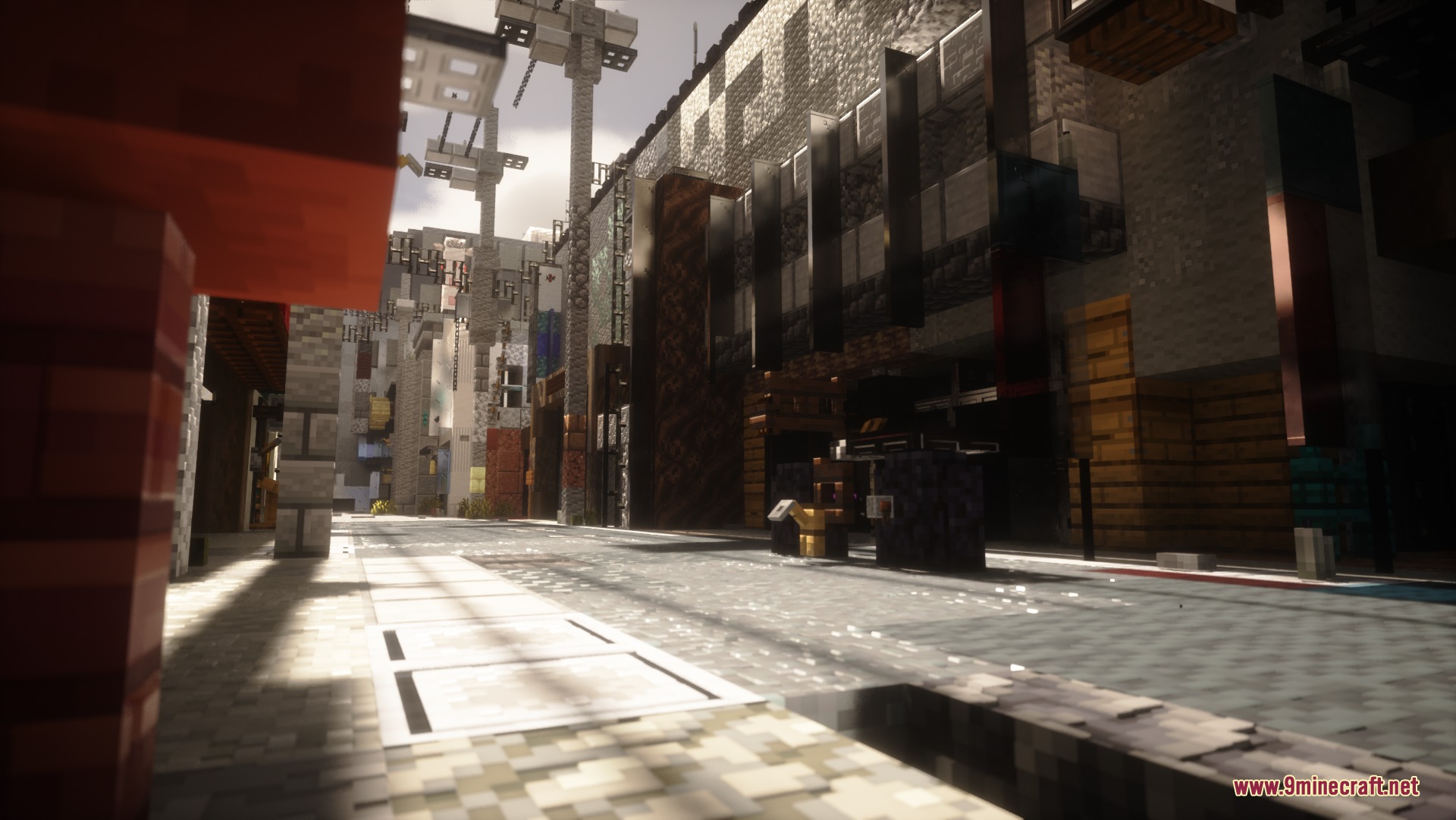 Detailed textures and realistic lighting transform a narrow street in a Minecraft city