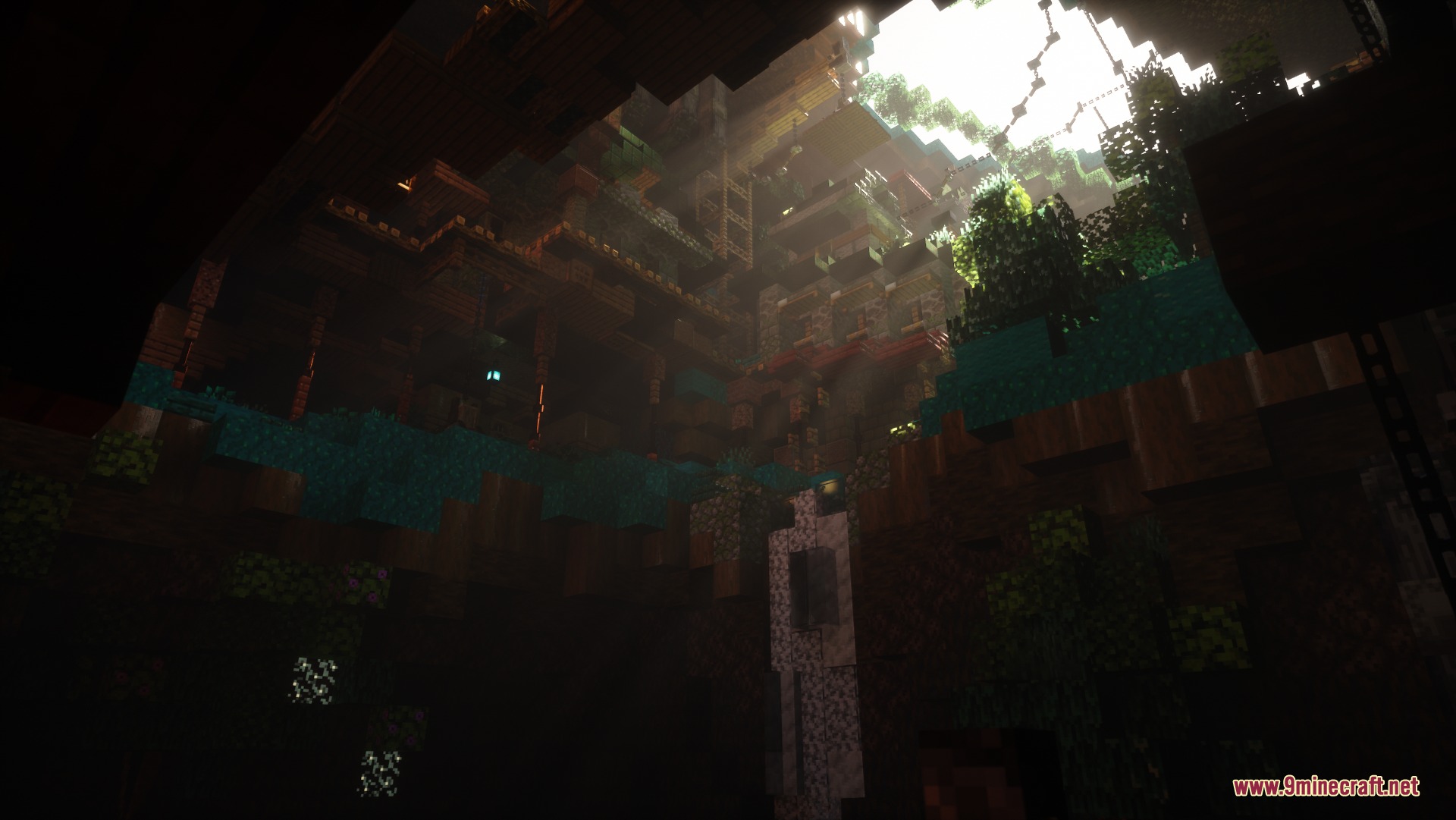 Sunlight streams into a lush cave featuring high resolution textures and green foliage