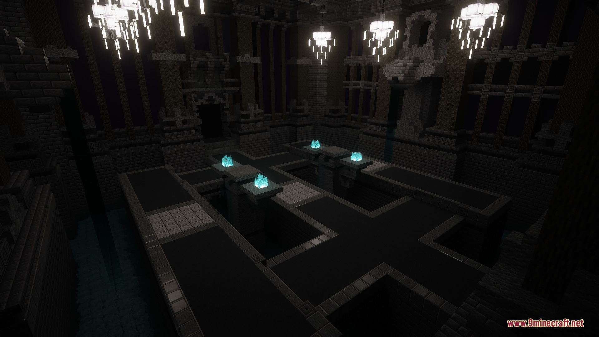 Gothic stone hall featuring glowing chandeliers and flickering blue soul fire torches