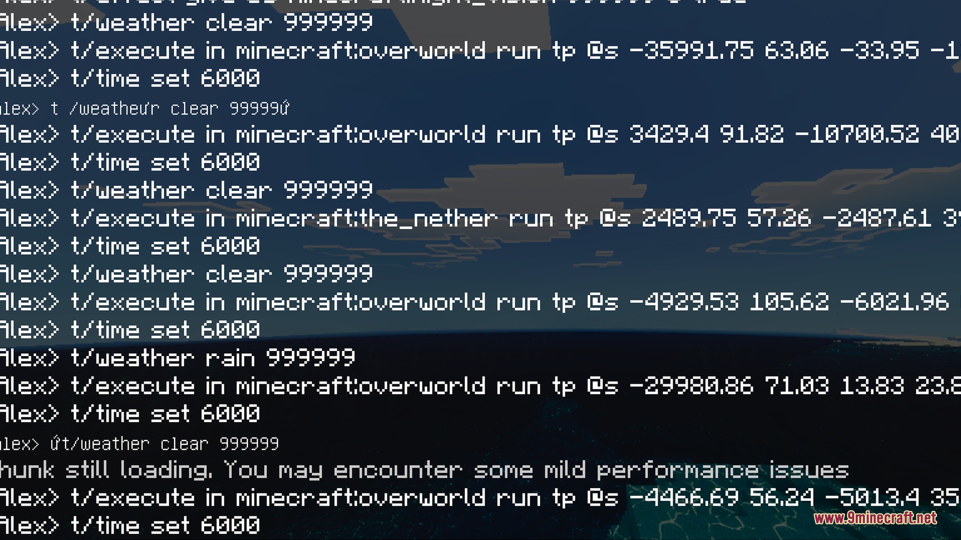 Vibrant Rtx Visuals Shader Screenshot 1 Minecraft chat screen showing teleportation and weather commands over a dark background