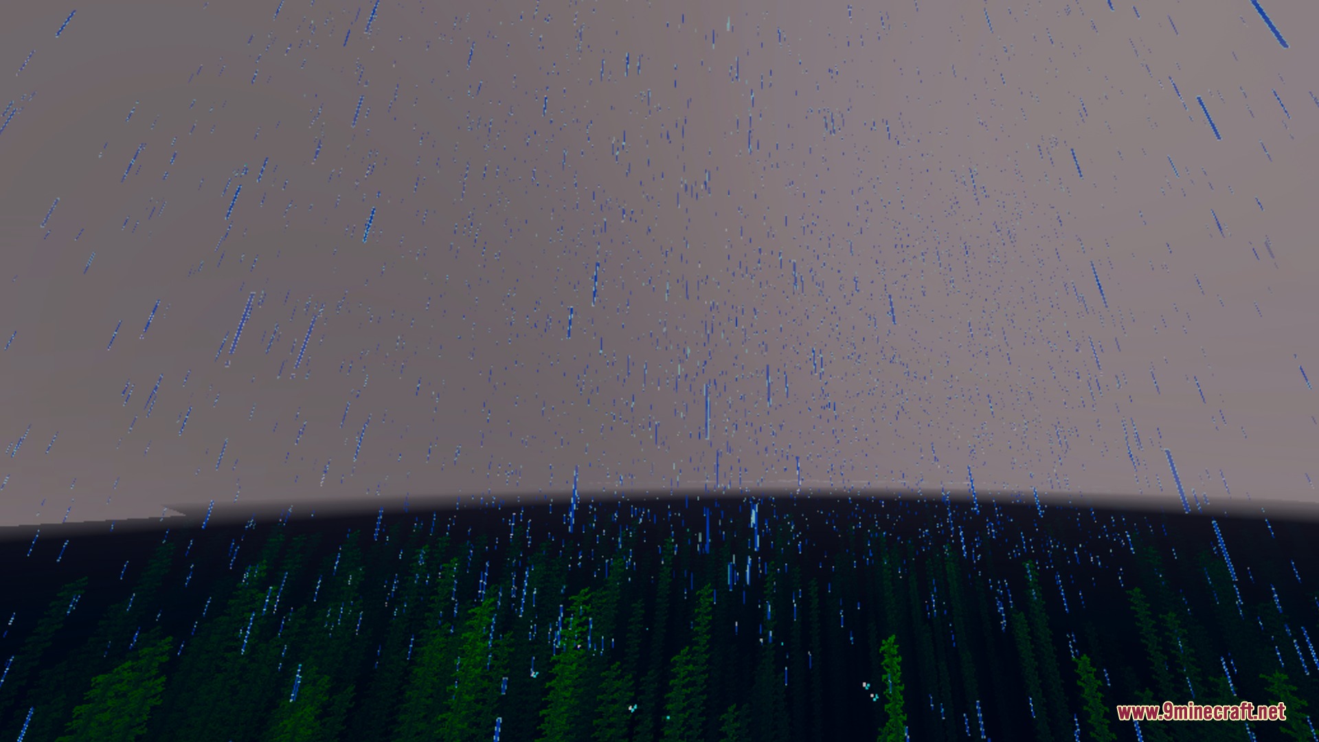 Vibrant Rtx Visuals Shader Screenshot 10 Heavy blue rain falling over a dark green forest in Minecraft