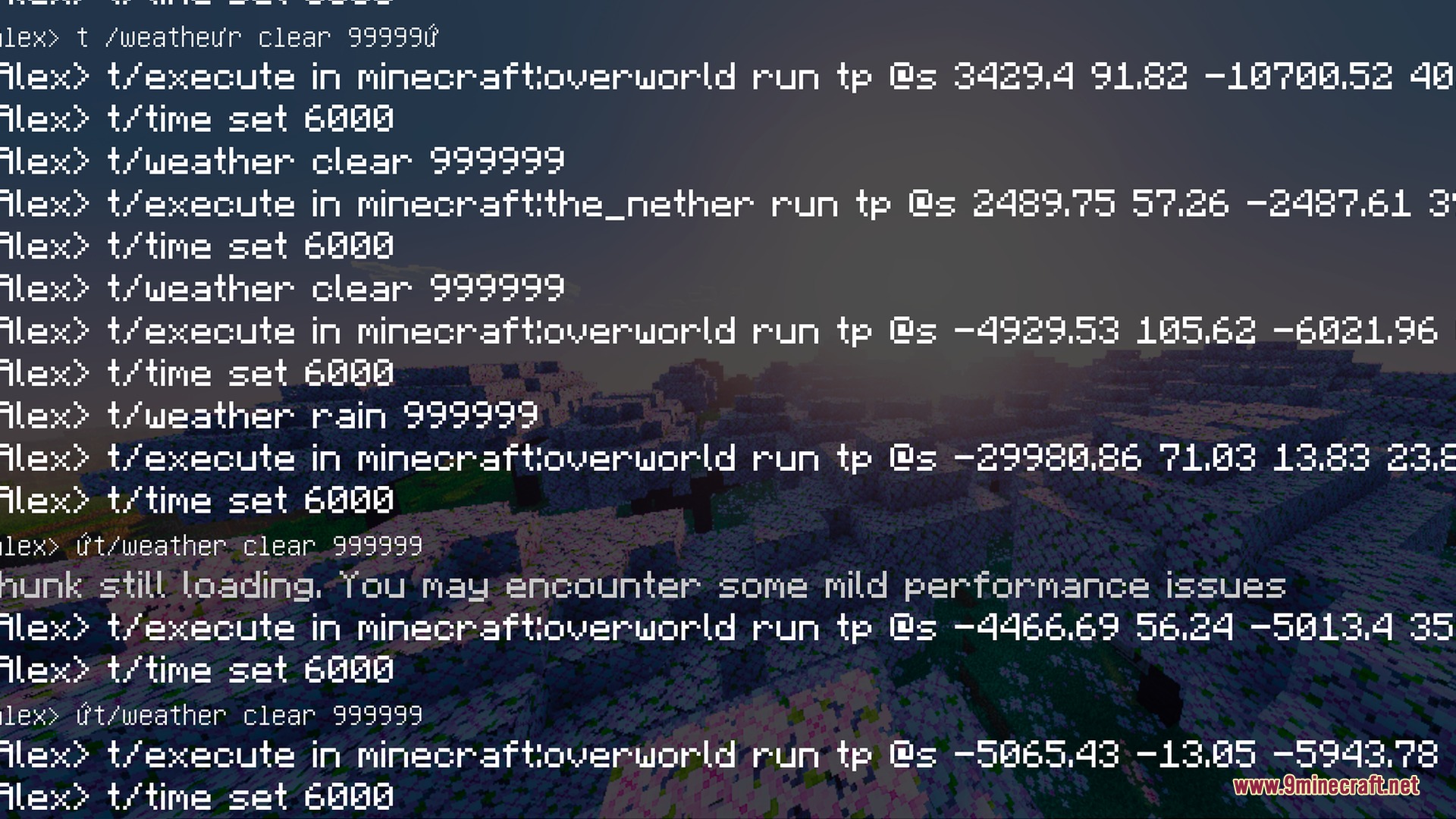 Vibrant Rtx Visuals Shader Screenshot 2 Minecraft chat log showing commands over a landscape with bright saturated grass colors