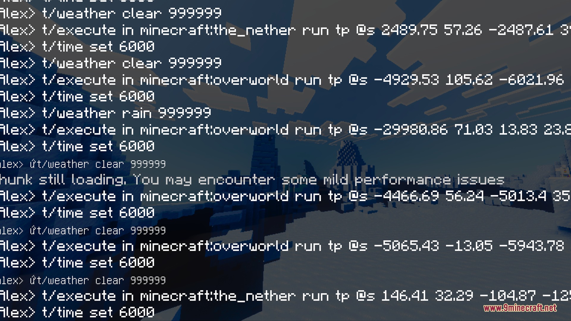 Vibrant Rtx Visuals Shader Screenshot 3 Minecraft chat log showing teleport and weather commands over a dark landscape