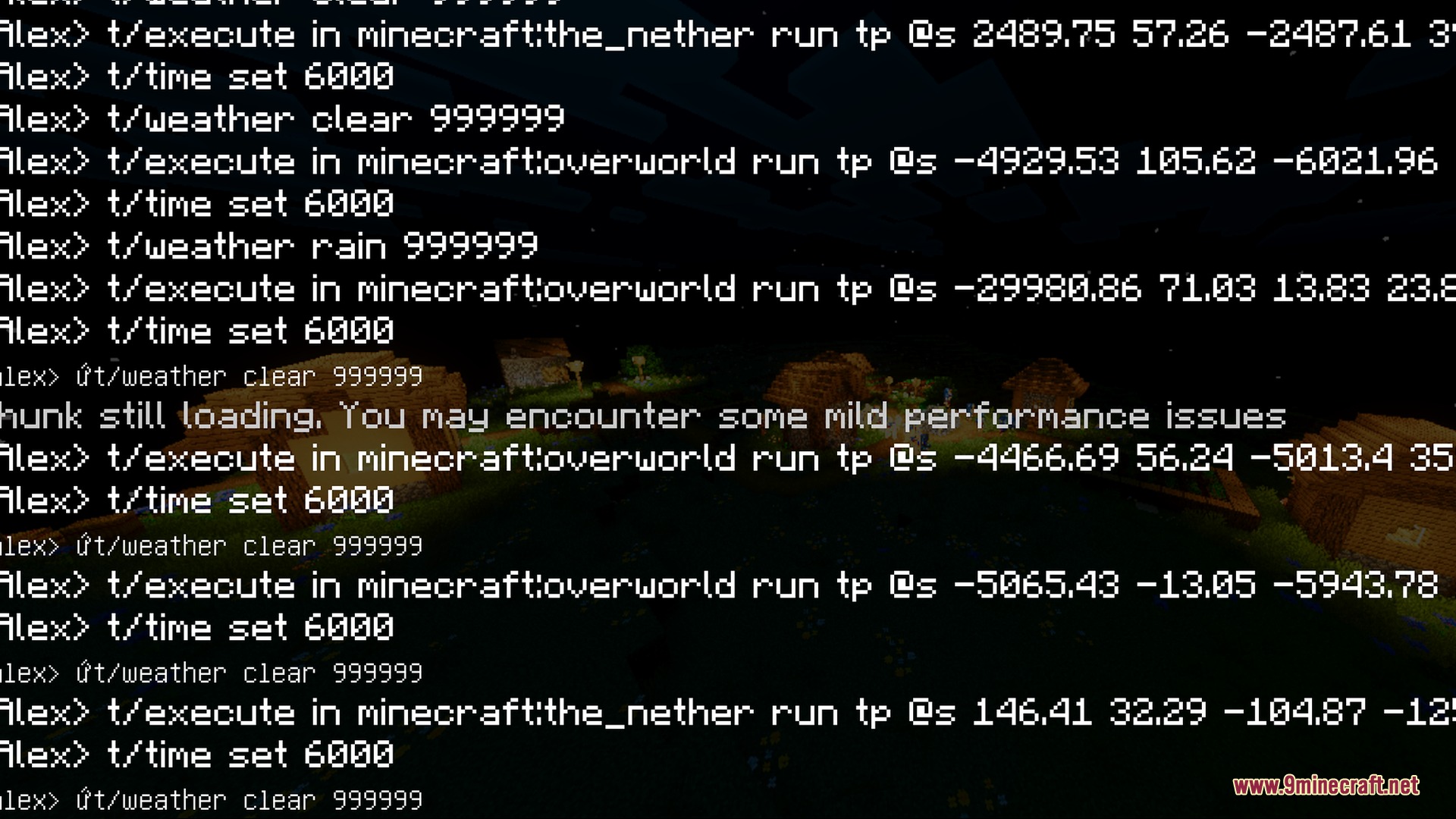 Vibrant Rtx Visuals Shader Screenshot 4 Minecraft chat log showing teleport and weather commands over a vibrant village
