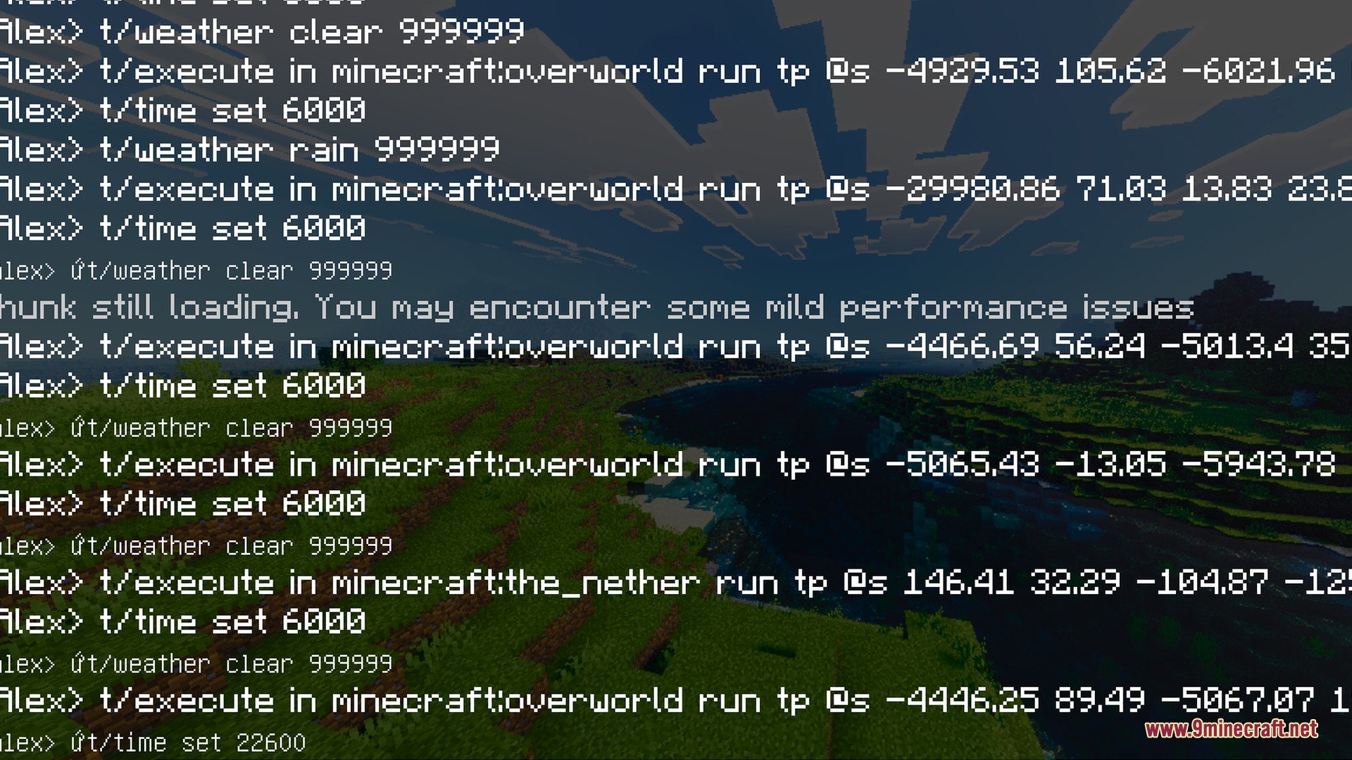 Vibrant Rtx Visuals Shader Screenshot 5 Minecraft chat log showing teleport and weather commands over a green valley