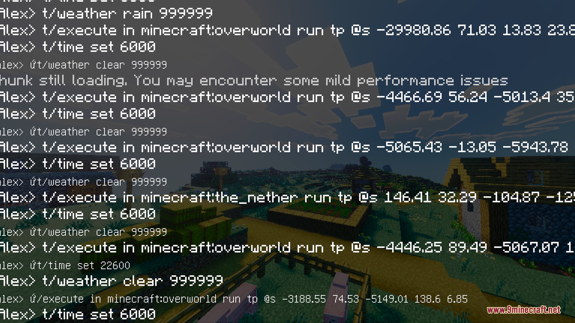Vibrant Rtx Visuals Shader Screenshot 6 Chat commands displayed over a village with vibrant grass and clear blue sky