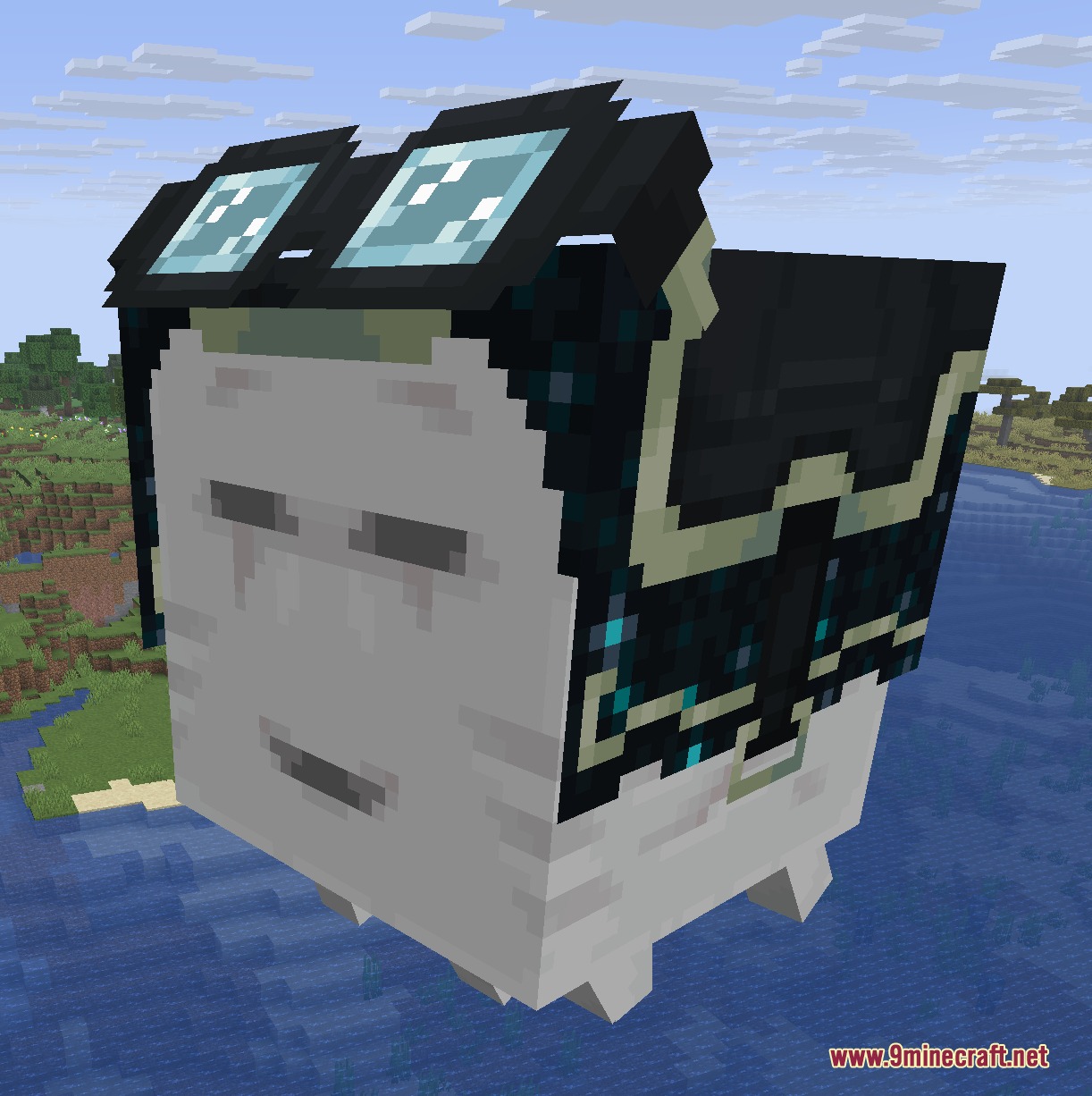 Vibrant Sundries Mod Screenshot 5 Giant Ghast wearing goggles and a dark jacket floats over the ocean