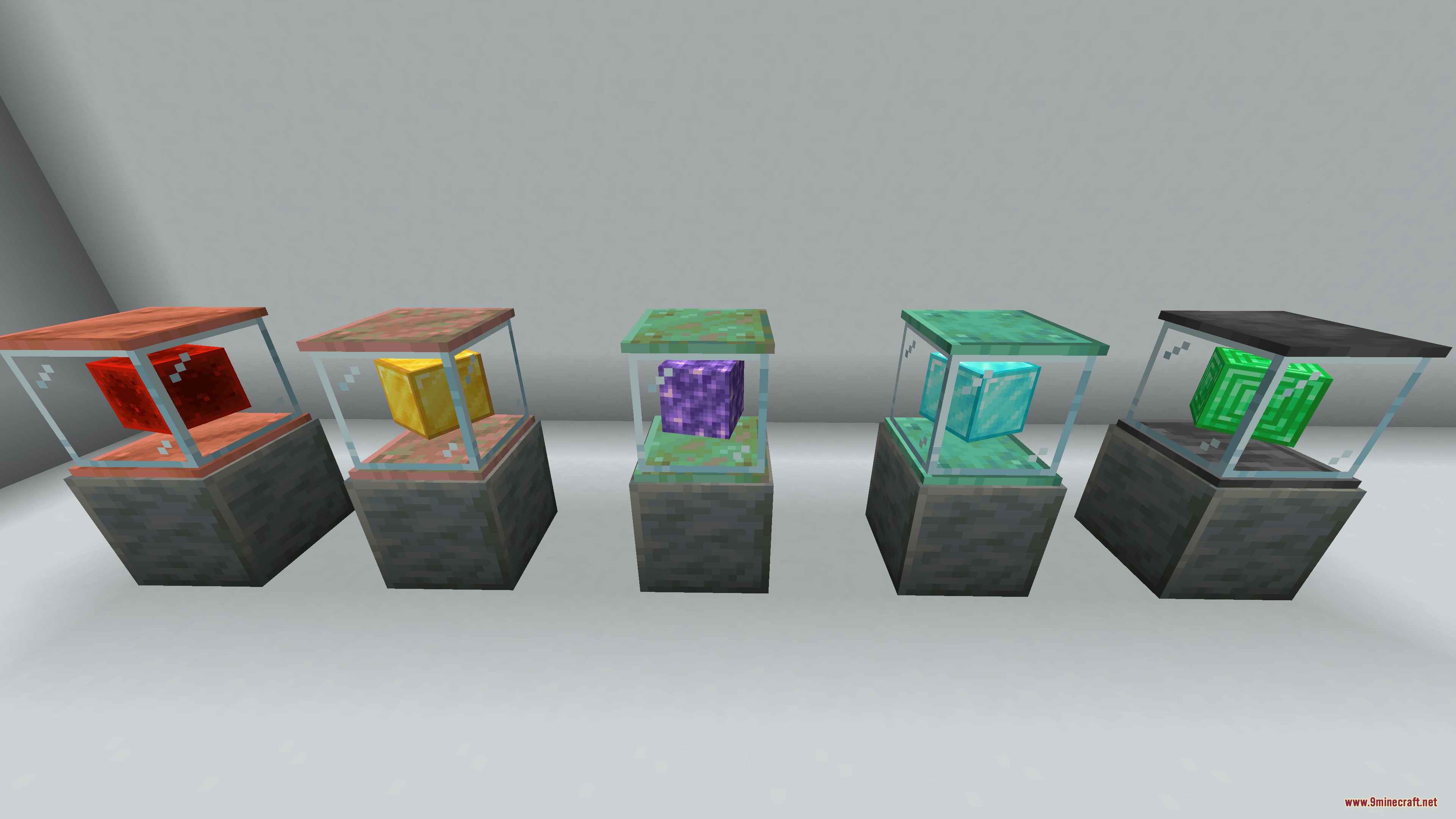 Vibrant Sundries Mod Screenshot 7 Five different resource blocks showcased inside protective glass display cases on pedestals
